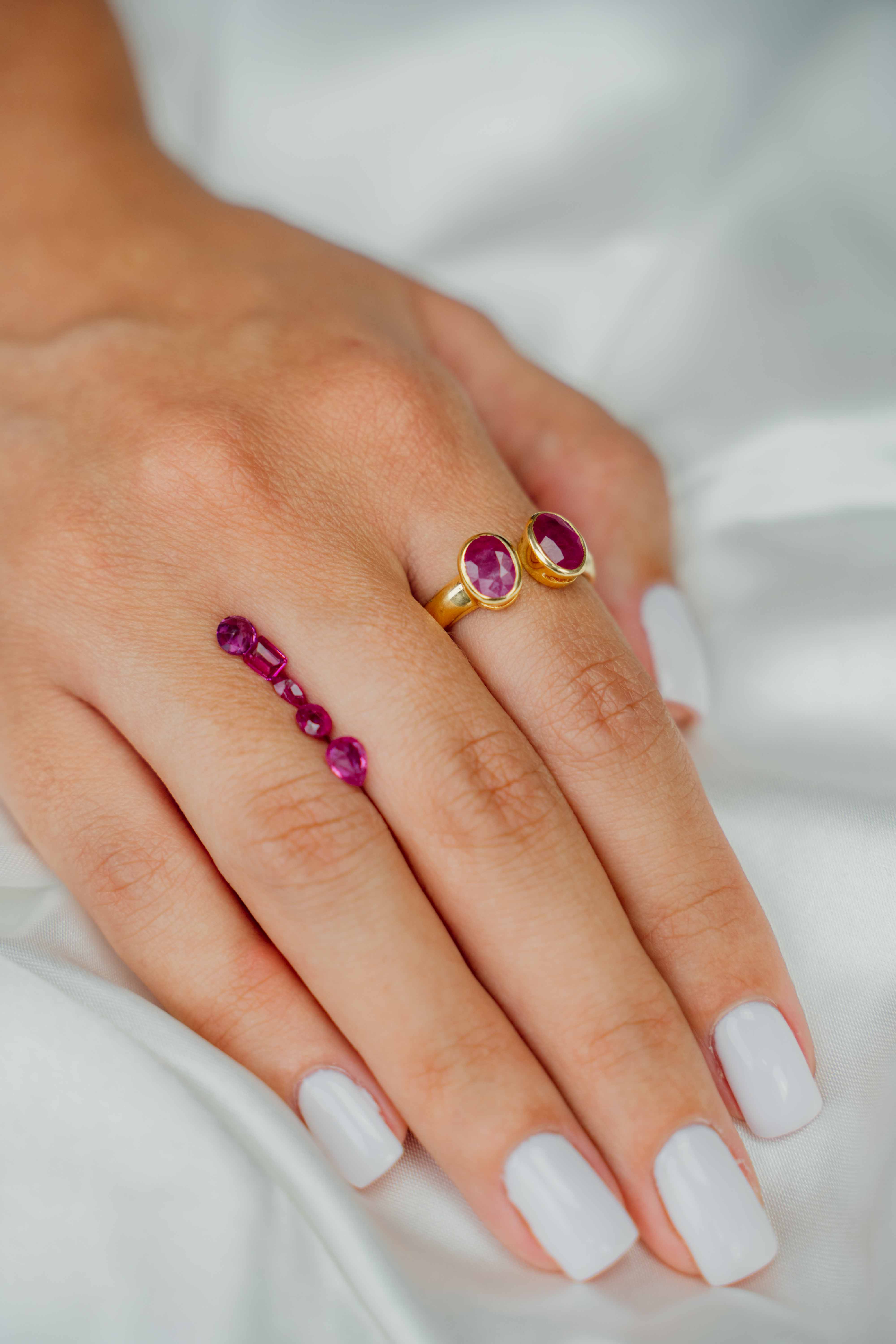 Anel Rubi Oval Duplo | Prata de Lei Banhada a Ouro e Facetada