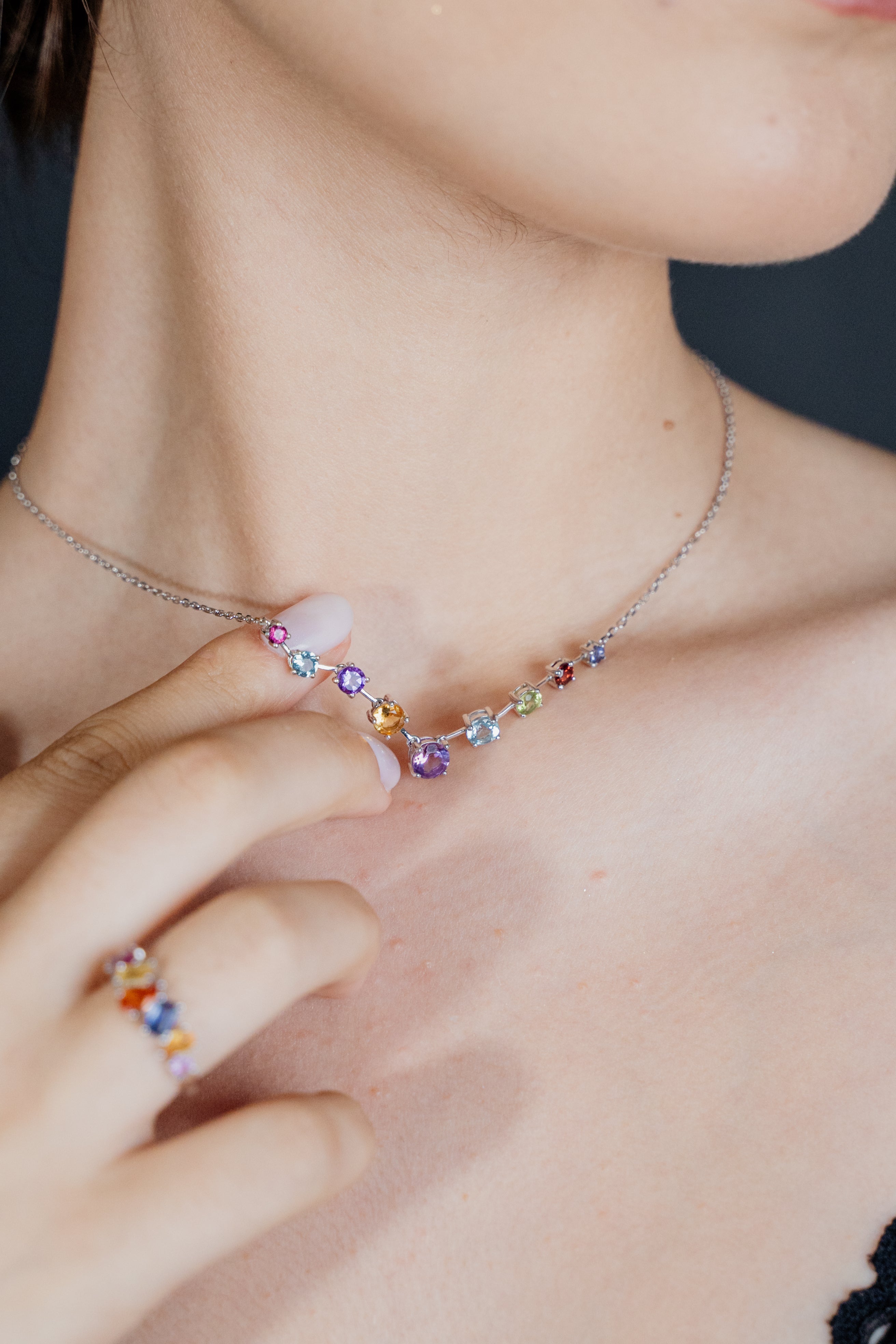 925 Sterling Silver Multi-Gemstone Necklace (Horizontal)