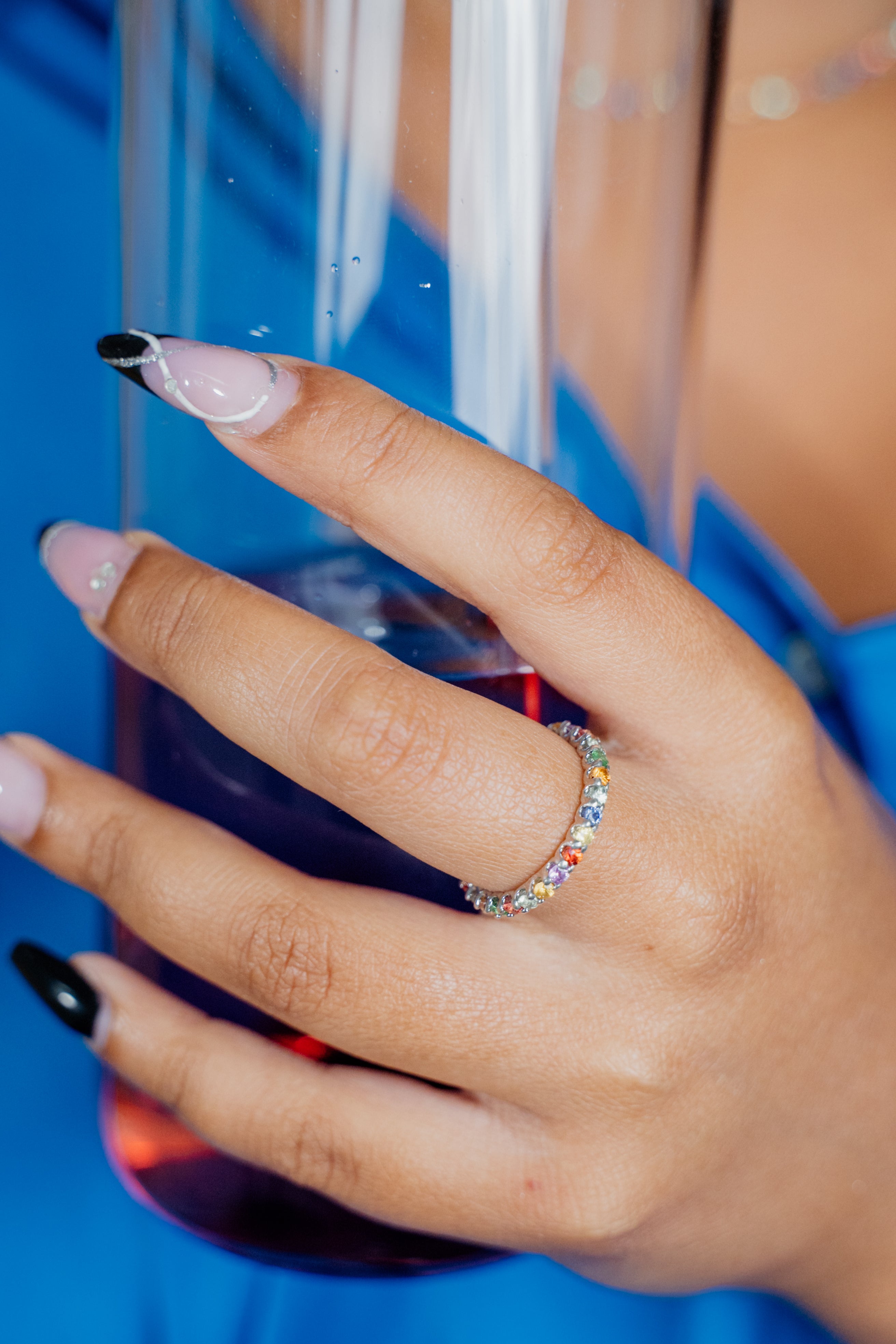 925 Sterling Silver Full Pavé Multi-Color Sapphire Ring (Thin)