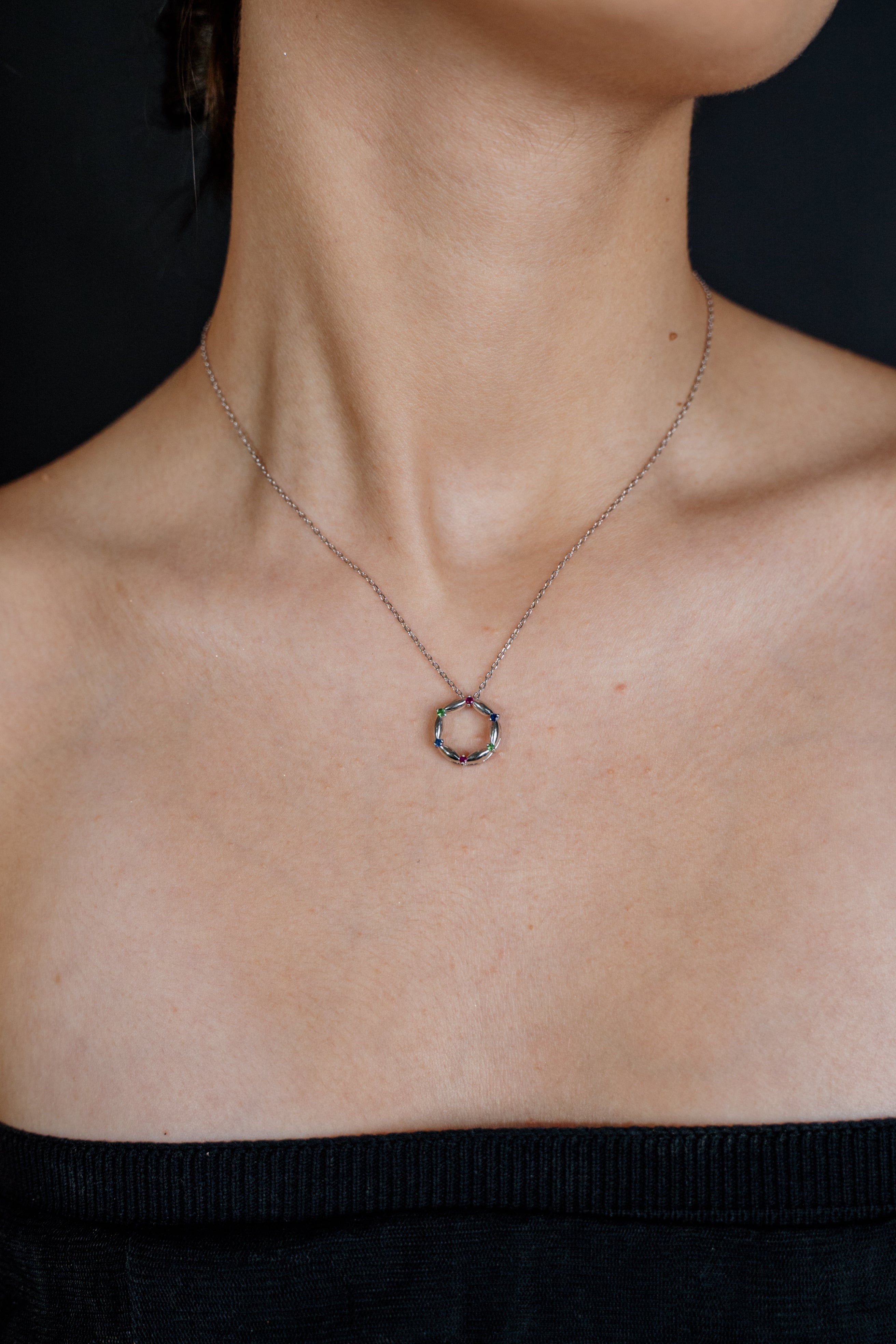 925 Sterling Silver Long Necklace with Sapphire, Emerald & Ruby Pendant