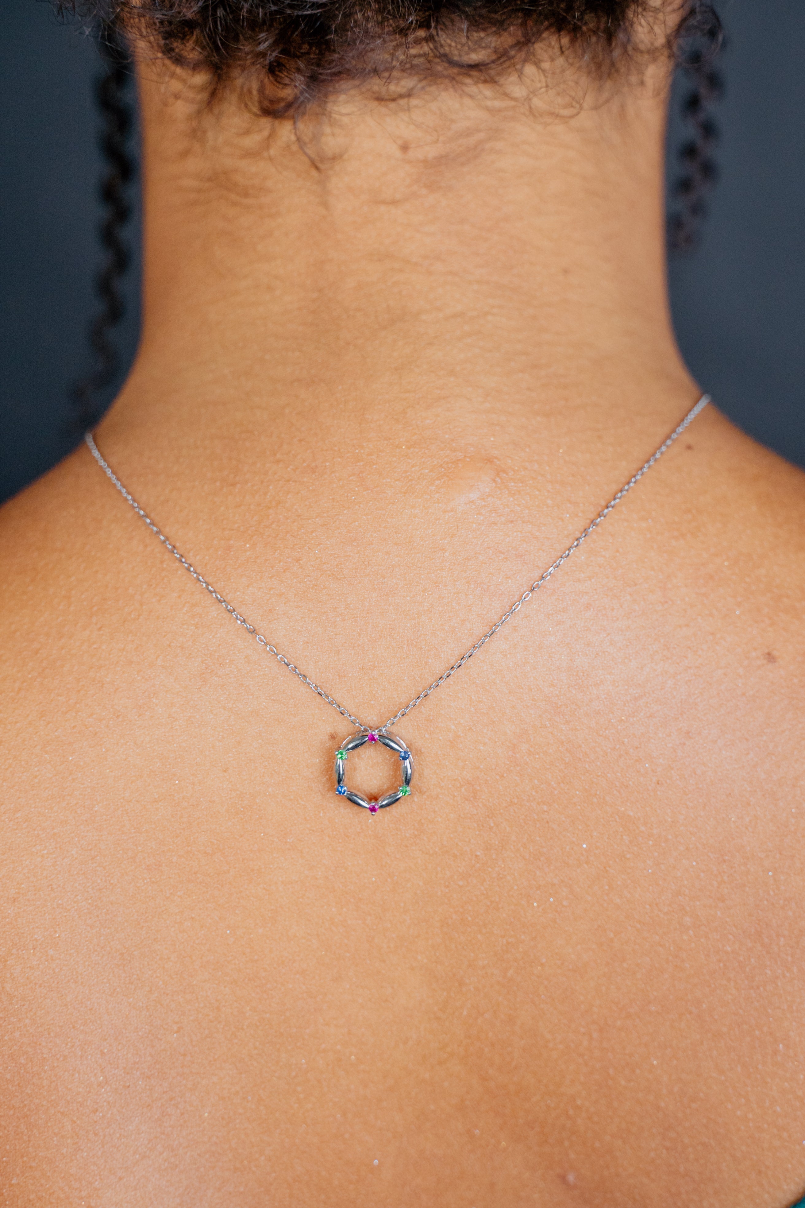 925 Sterling Silver Long Necklace with Sapphire, Emerald & Ruby Pendant