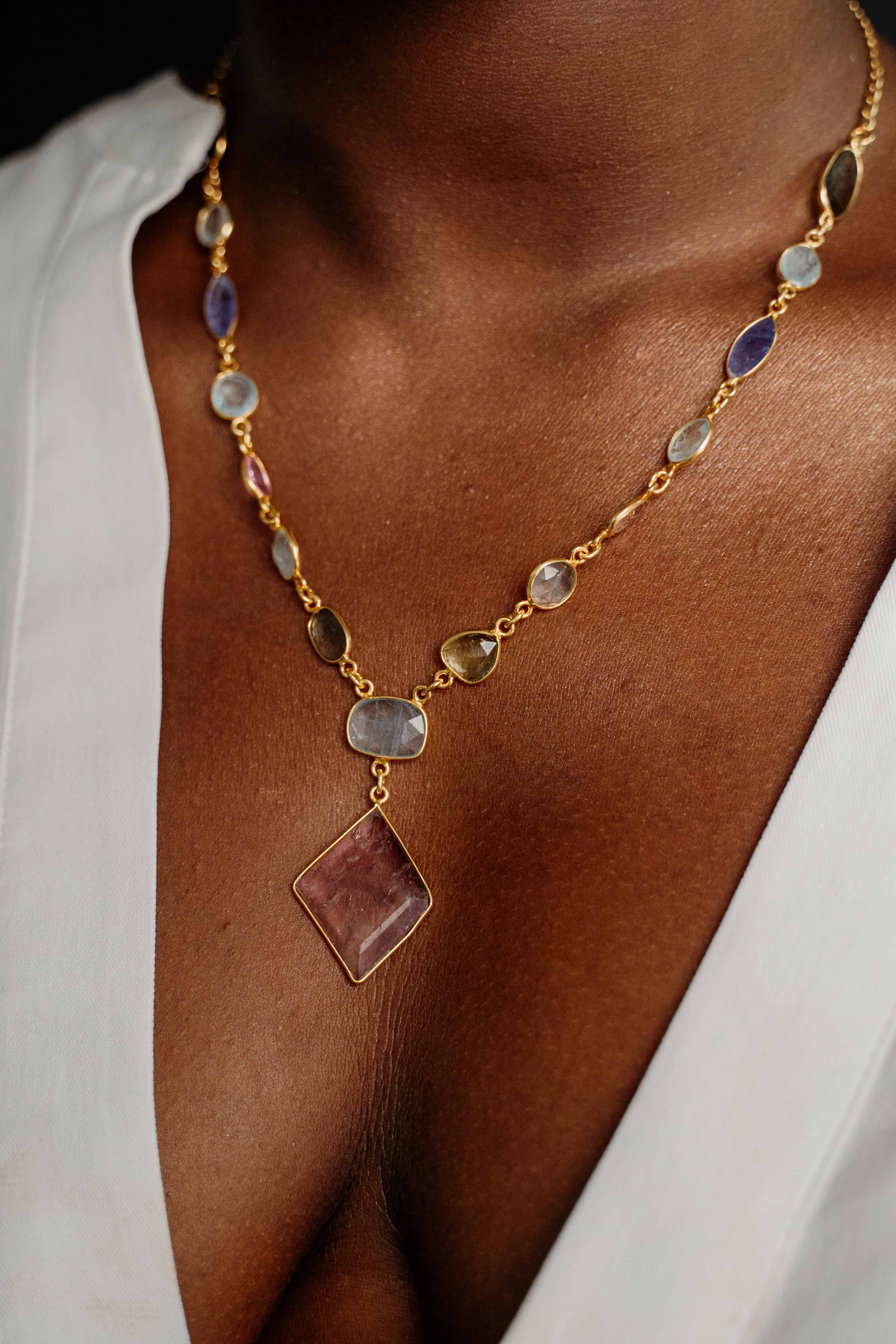 Statement Necklace | Gold-Plated Sterling Silver & Multi-gemstones