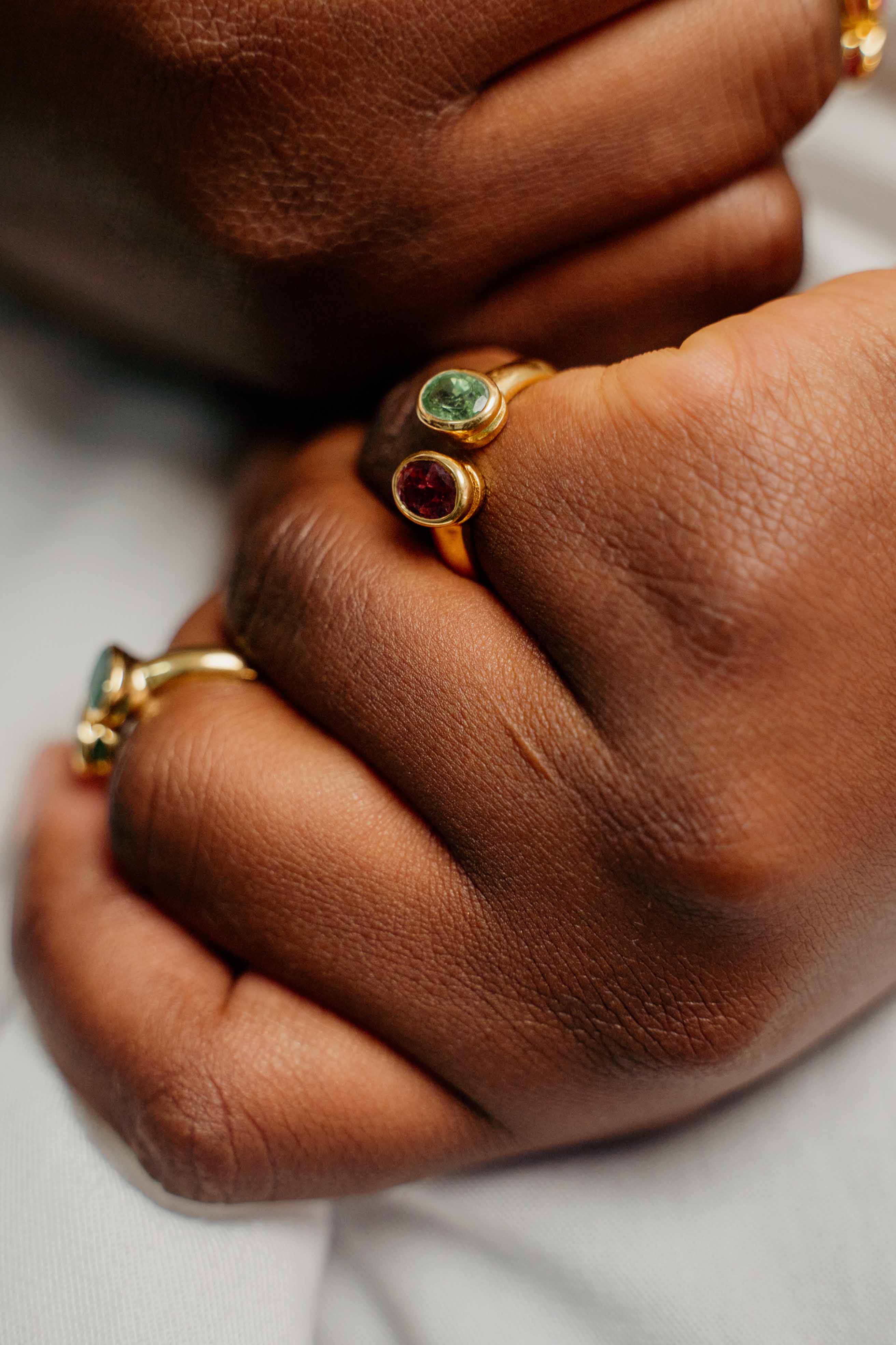 Golden Silver Ring with Pink & Green Tourmaline's