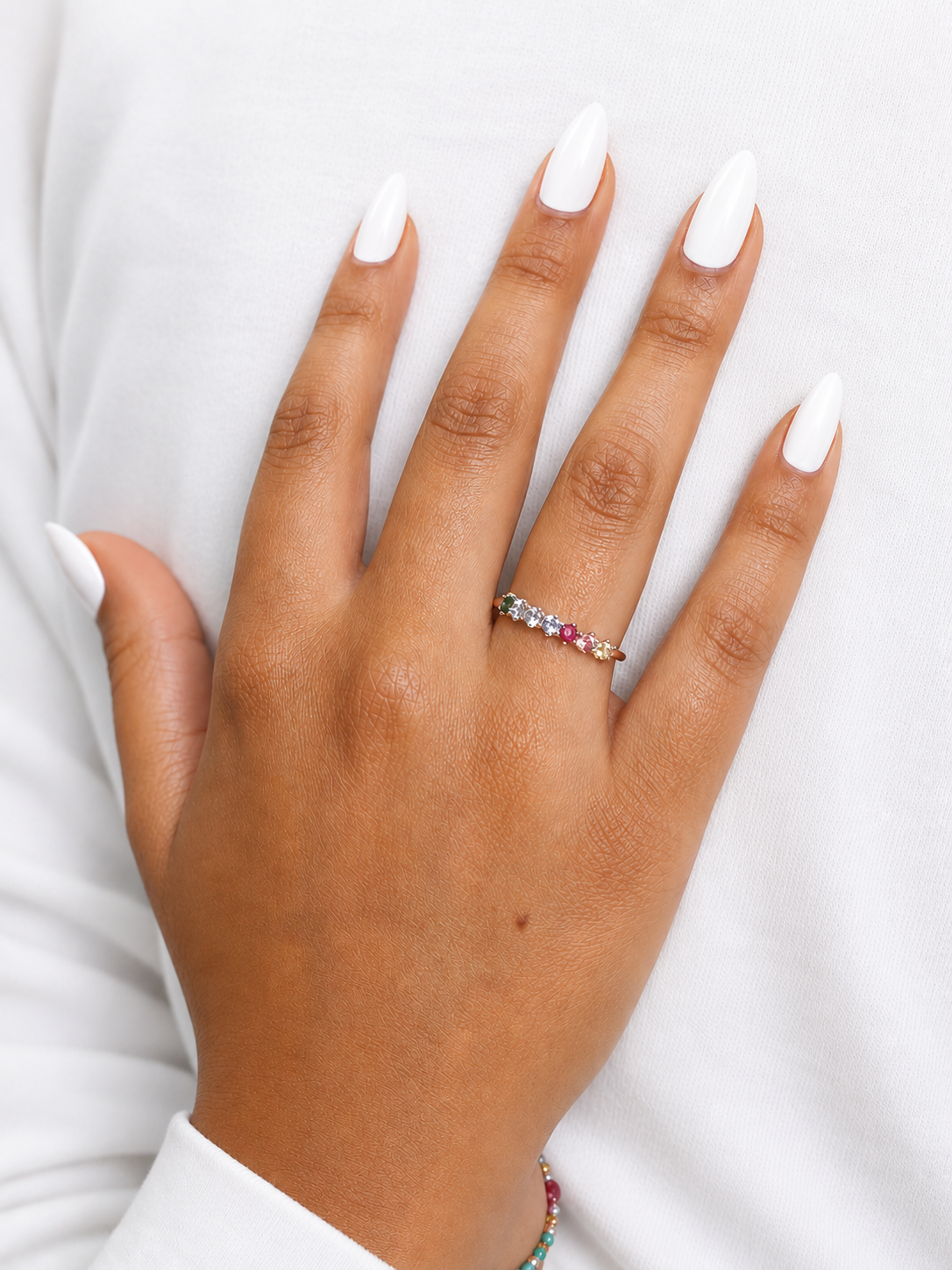 Minimalist rose gold ring with 8 round sapphires, 925 silver.