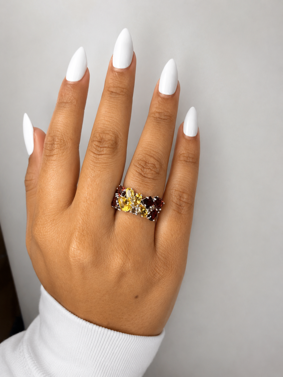 925 sterling silver rose gold ring with 12 irregular citrines & garnets