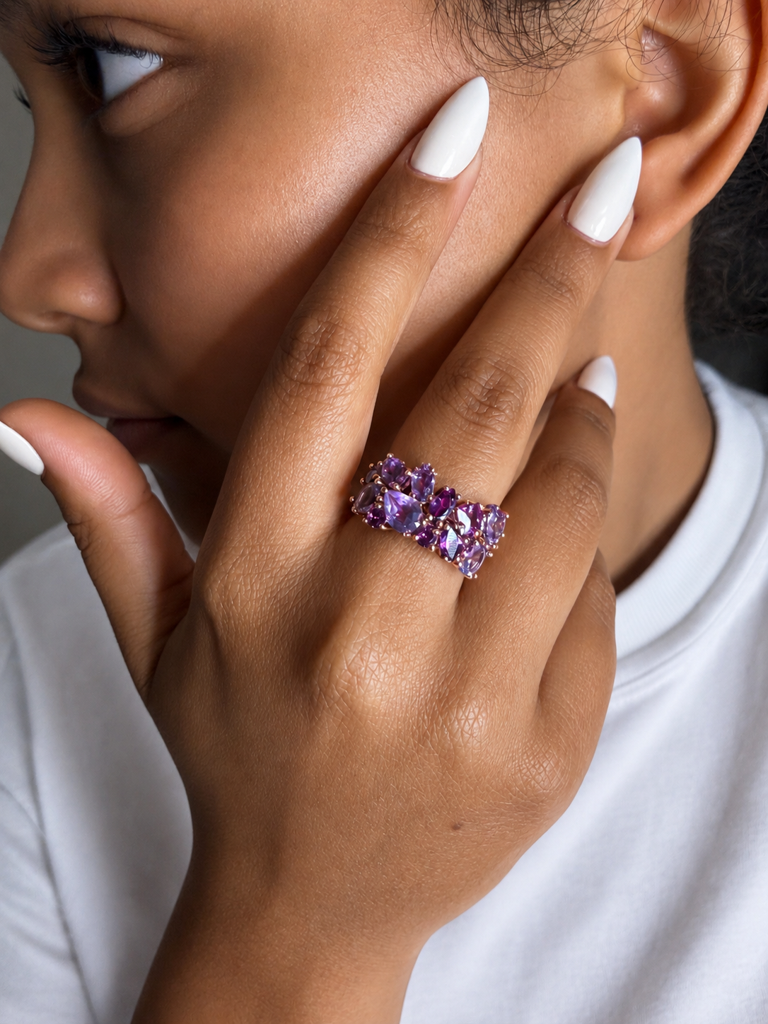 925 sterling silver rose gold ring with 12 irregular Garnet & amethysts