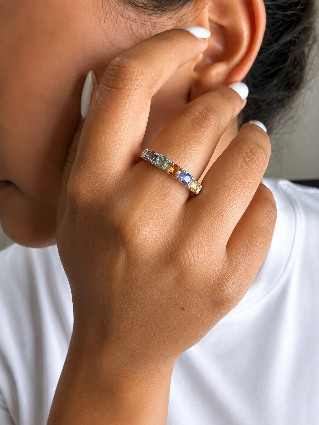 925 sterling silver ring with 5 multicolored sapphires