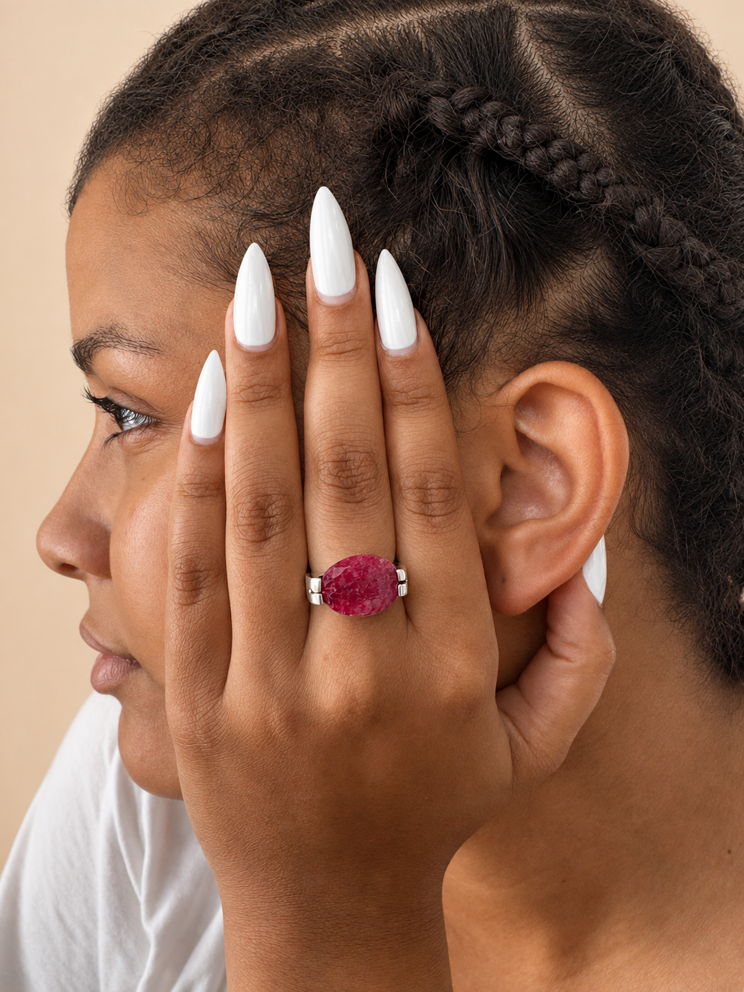 925 sterling silver ruby ring with a large oval ruby cabochon.