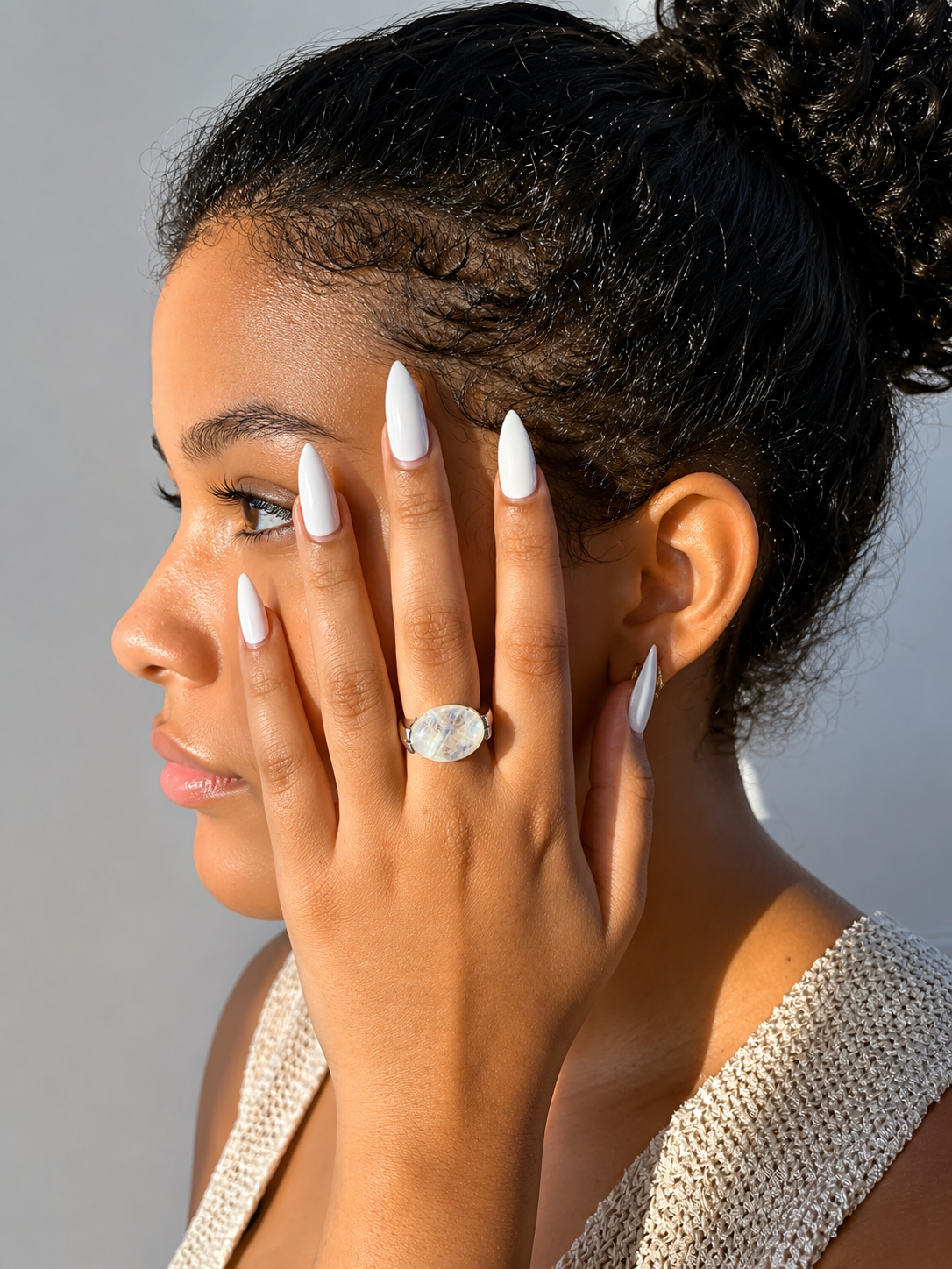 Maximalist 925 sterling silver ring with oval moonstone cabochon.