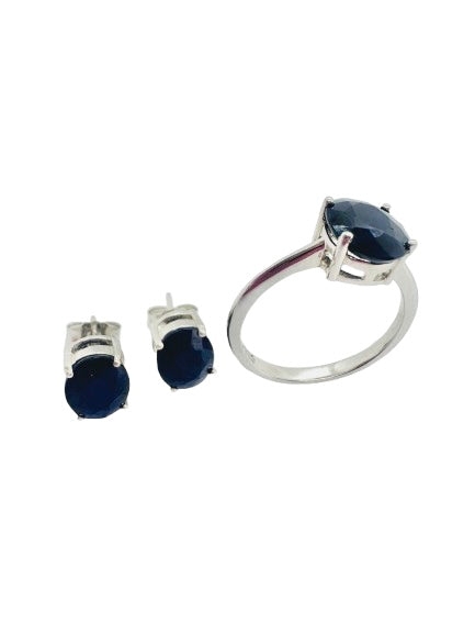 Conjunto oval em prata e safira azul – anel e brincos