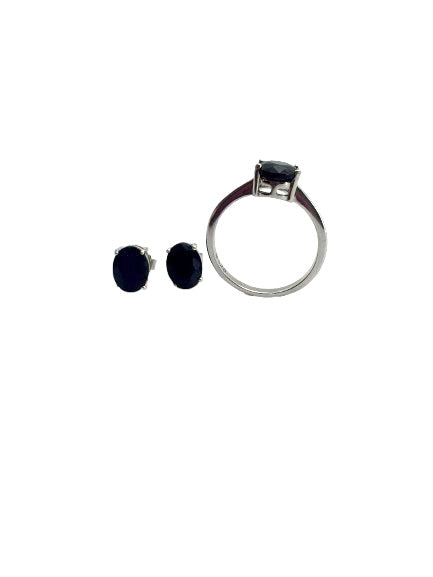 Conjunto oval em prata e safira azul – anel e brincos