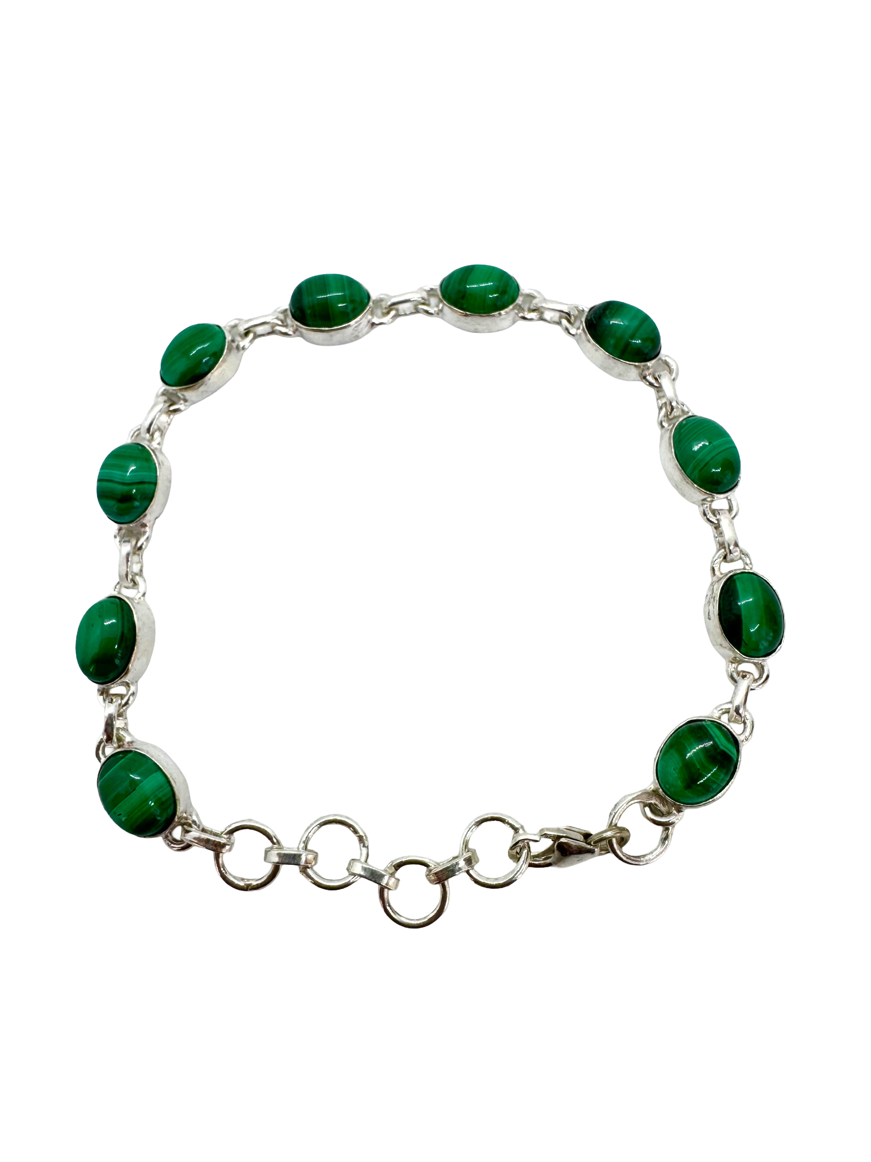 Pulseira de prata de lei e malaquite oval
