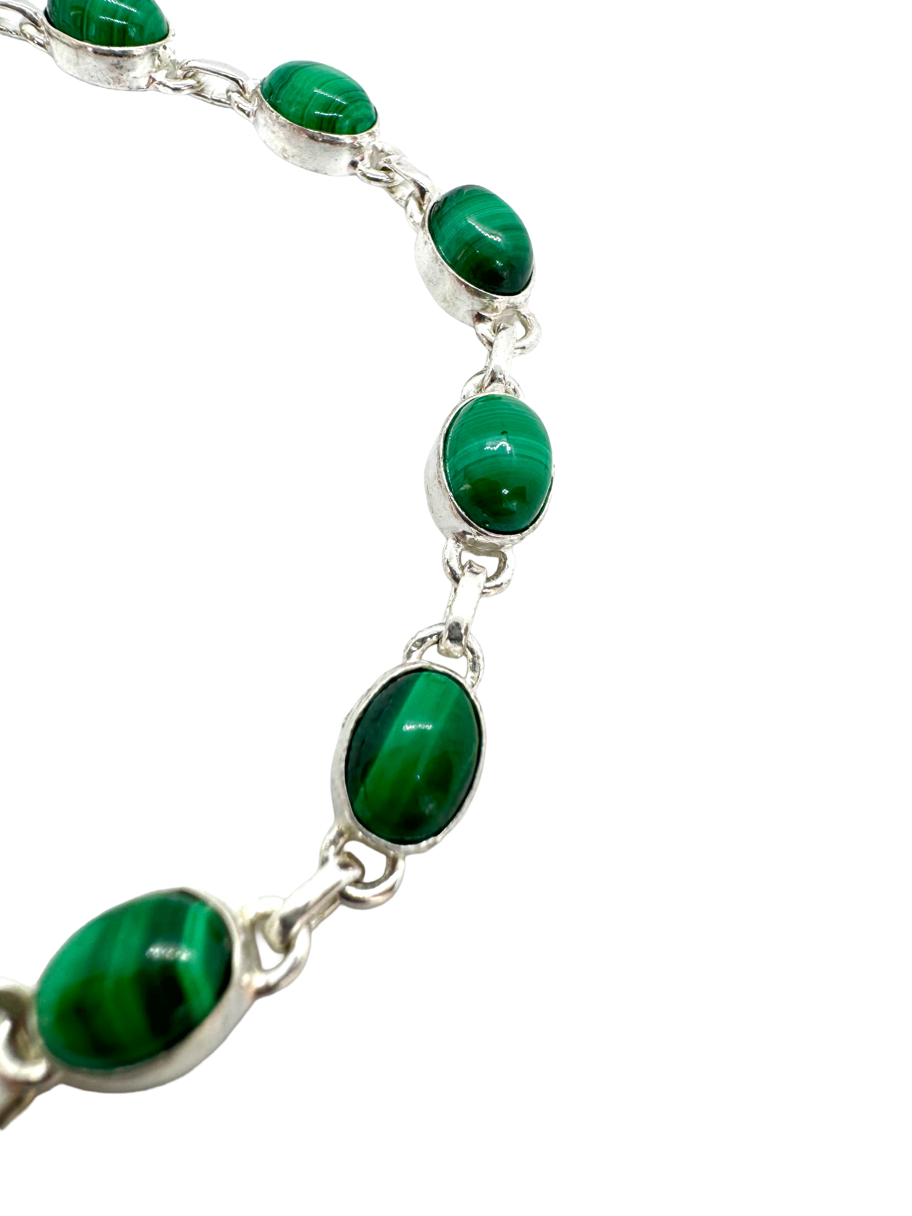 Pulseira de prata de lei e malaquite oval