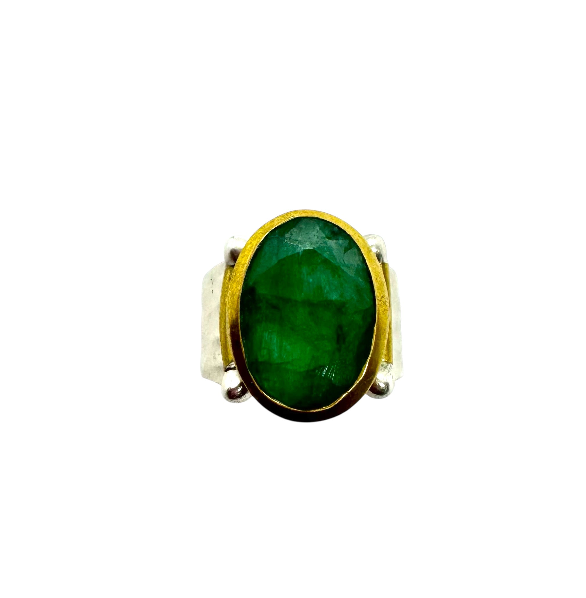 Anel Cabochão de Esmeralda | Prata de Lei e Latão Banhado a Ouro