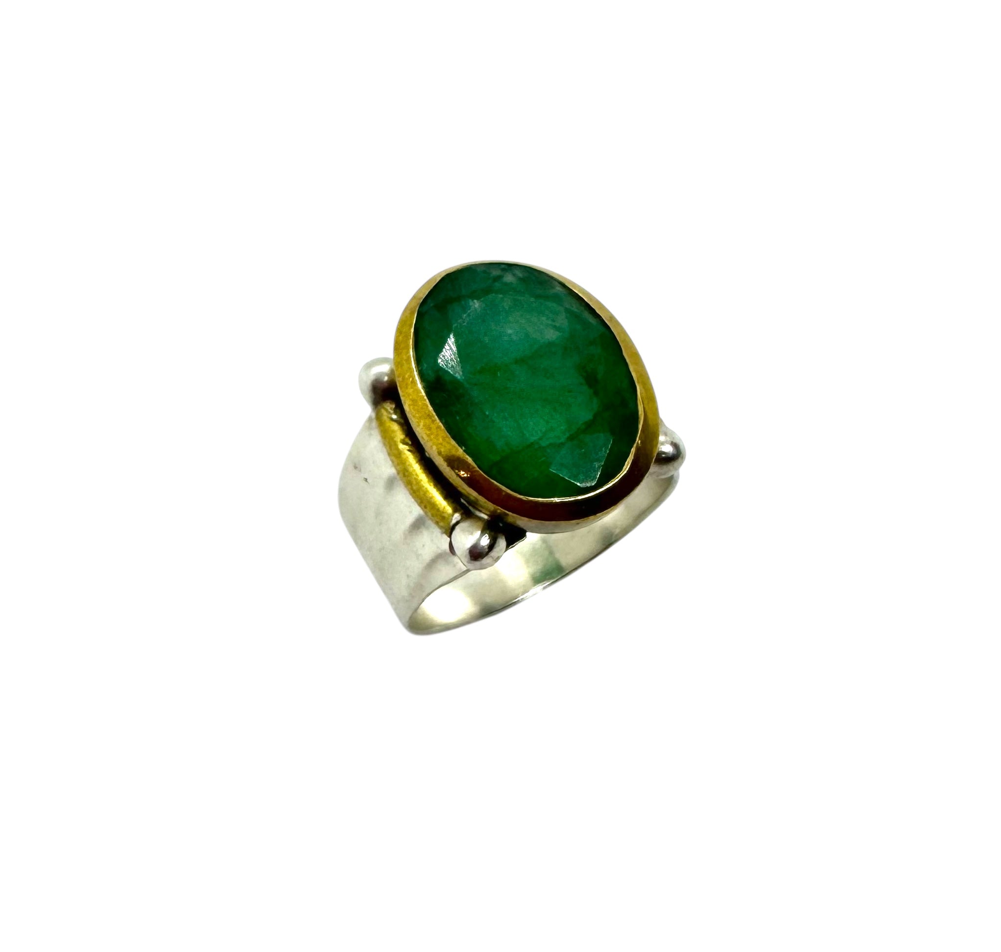 Anel Cabochão de Esmeralda | Prata de Lei e Latão Banhado a Ouro