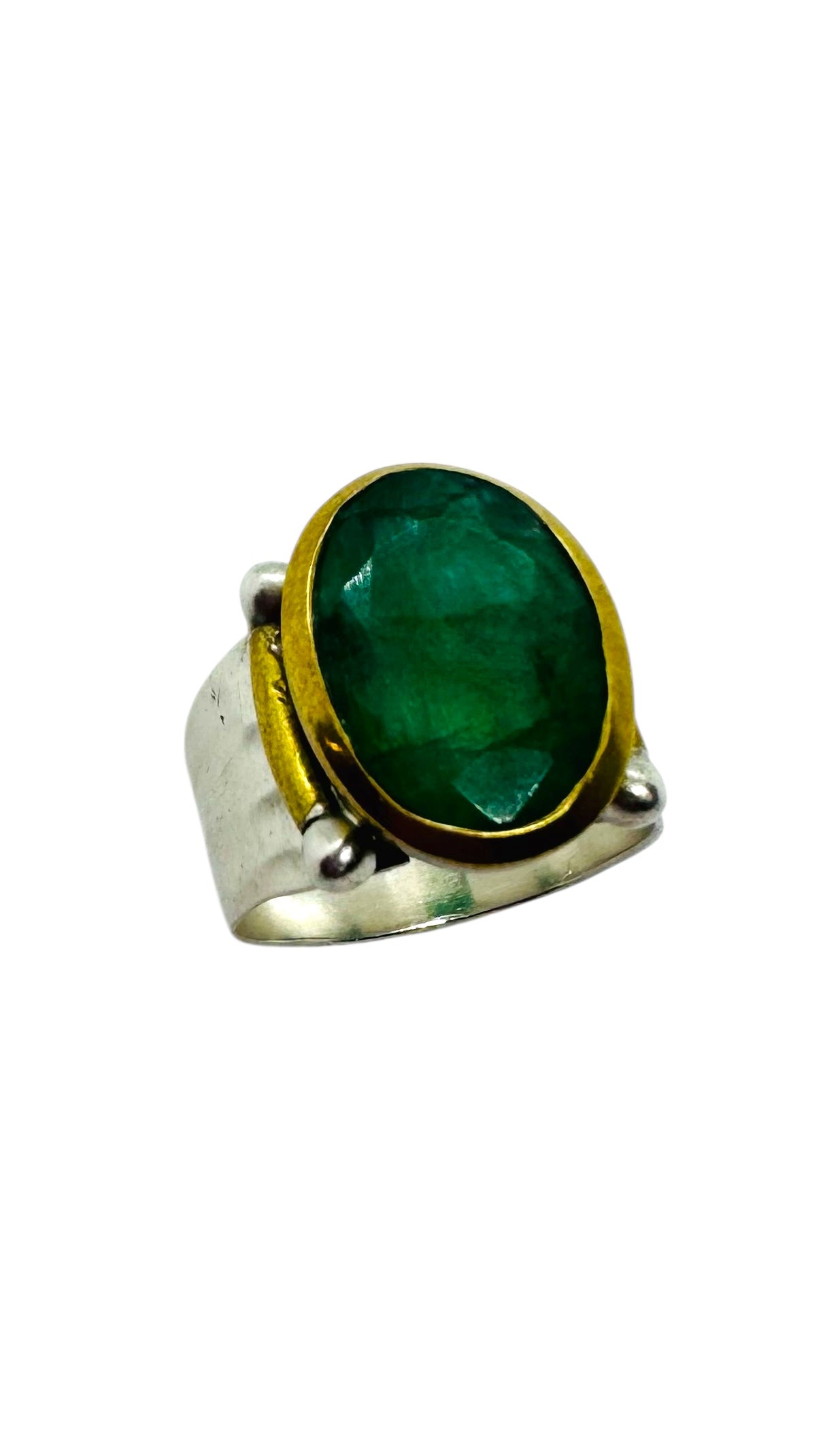 Anel Cabochão de Esmeralda | Prata de Lei e Latão Banhado a Ouro