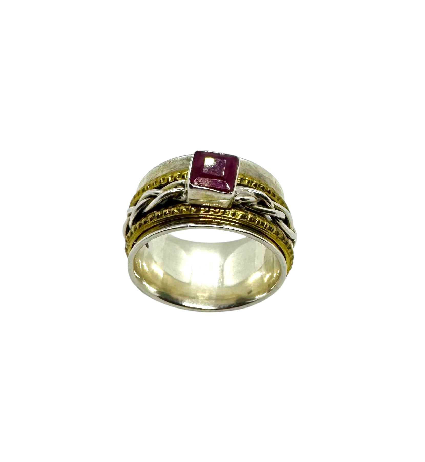 Anel quadrado rubi | Latão com acabamento dourado e cabochão