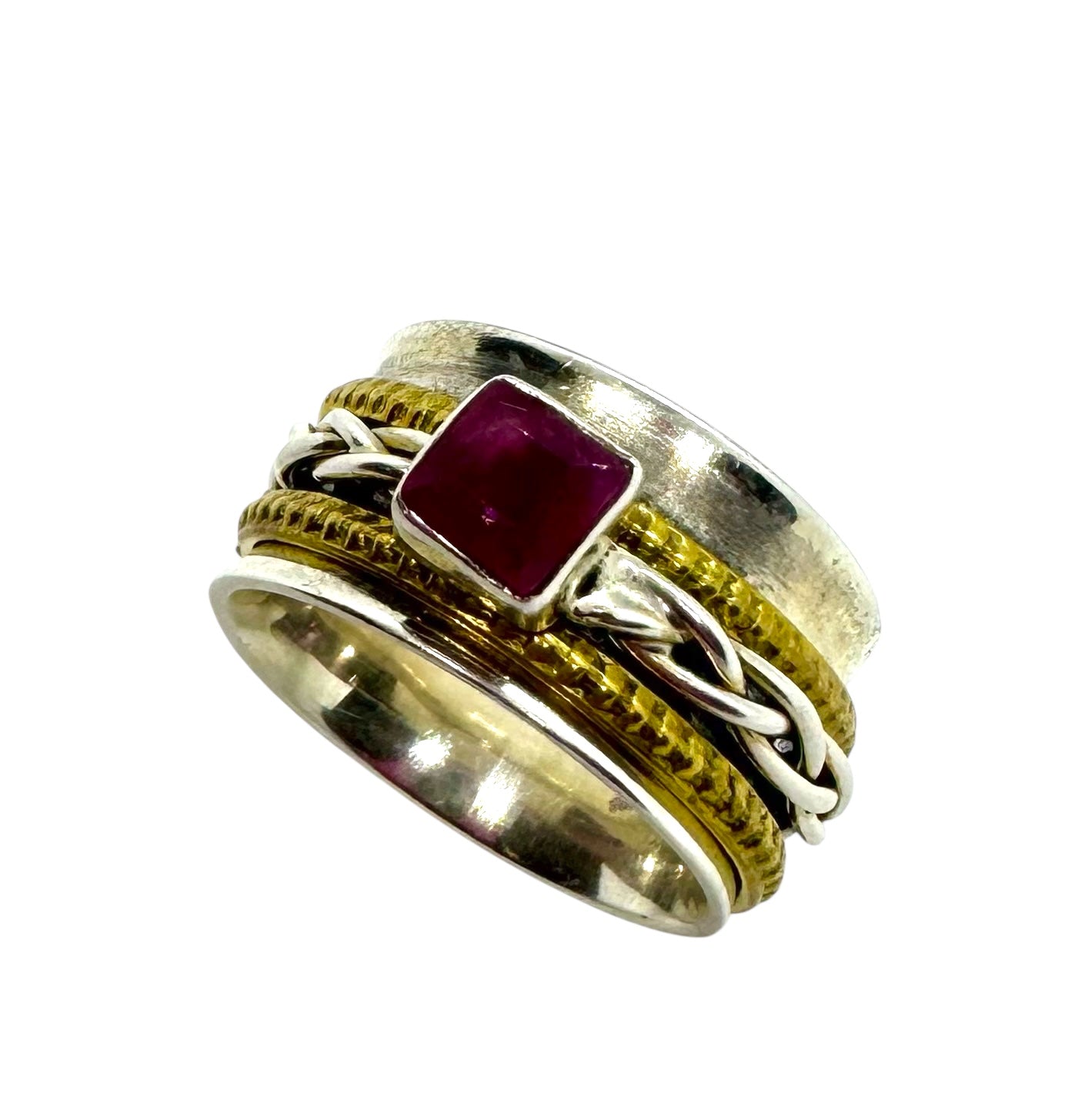 Anel quadrado rubi | Latão com acabamento dourado e cabochão