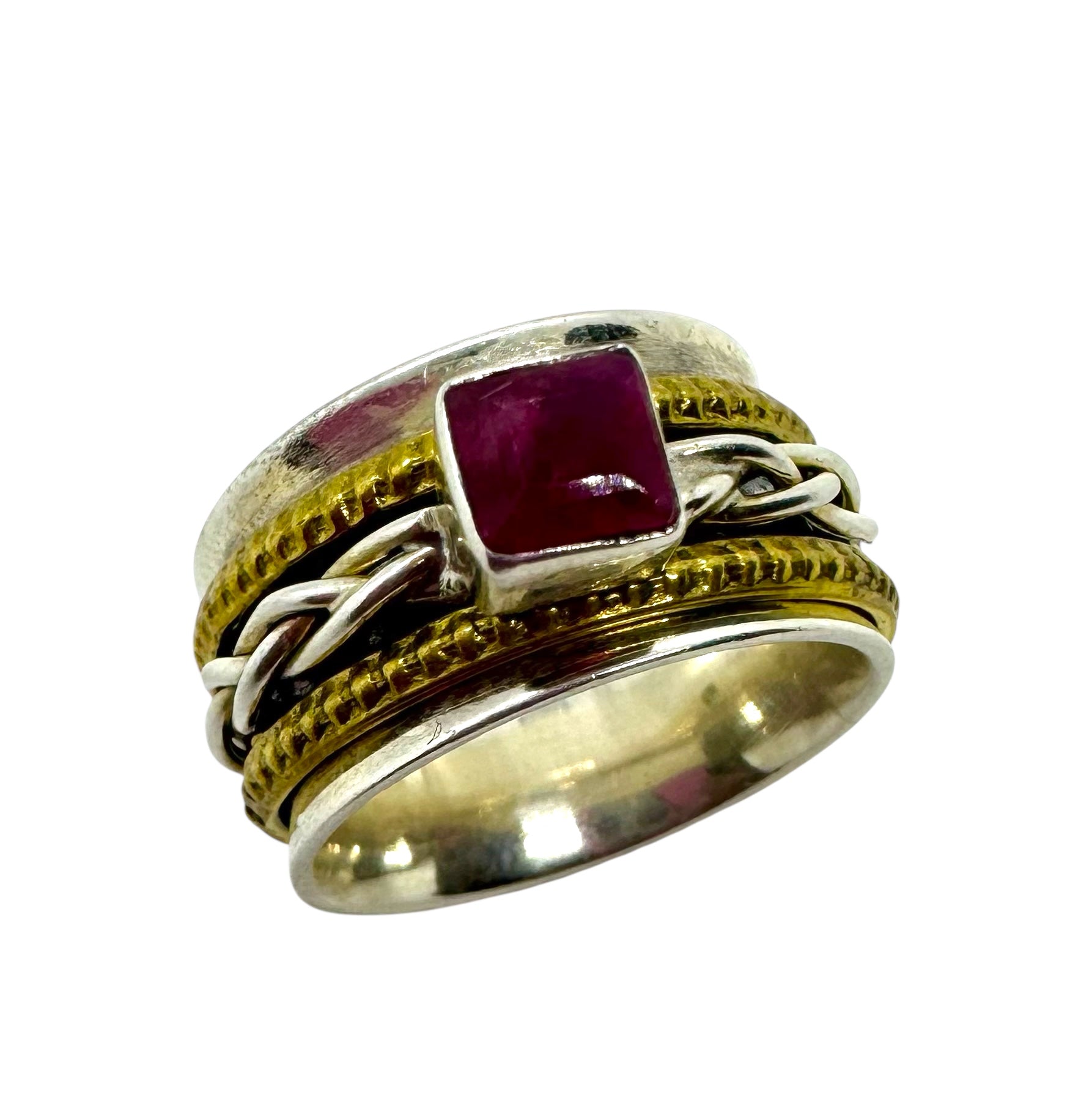 Anel quadrado rubi | Latão com acabamento dourado e cabochão