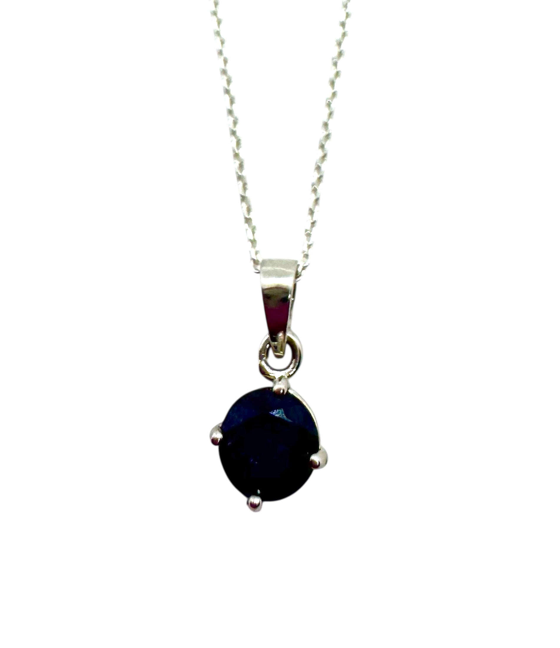 Silver Necklace with Round Brilliant Blue Sapphire