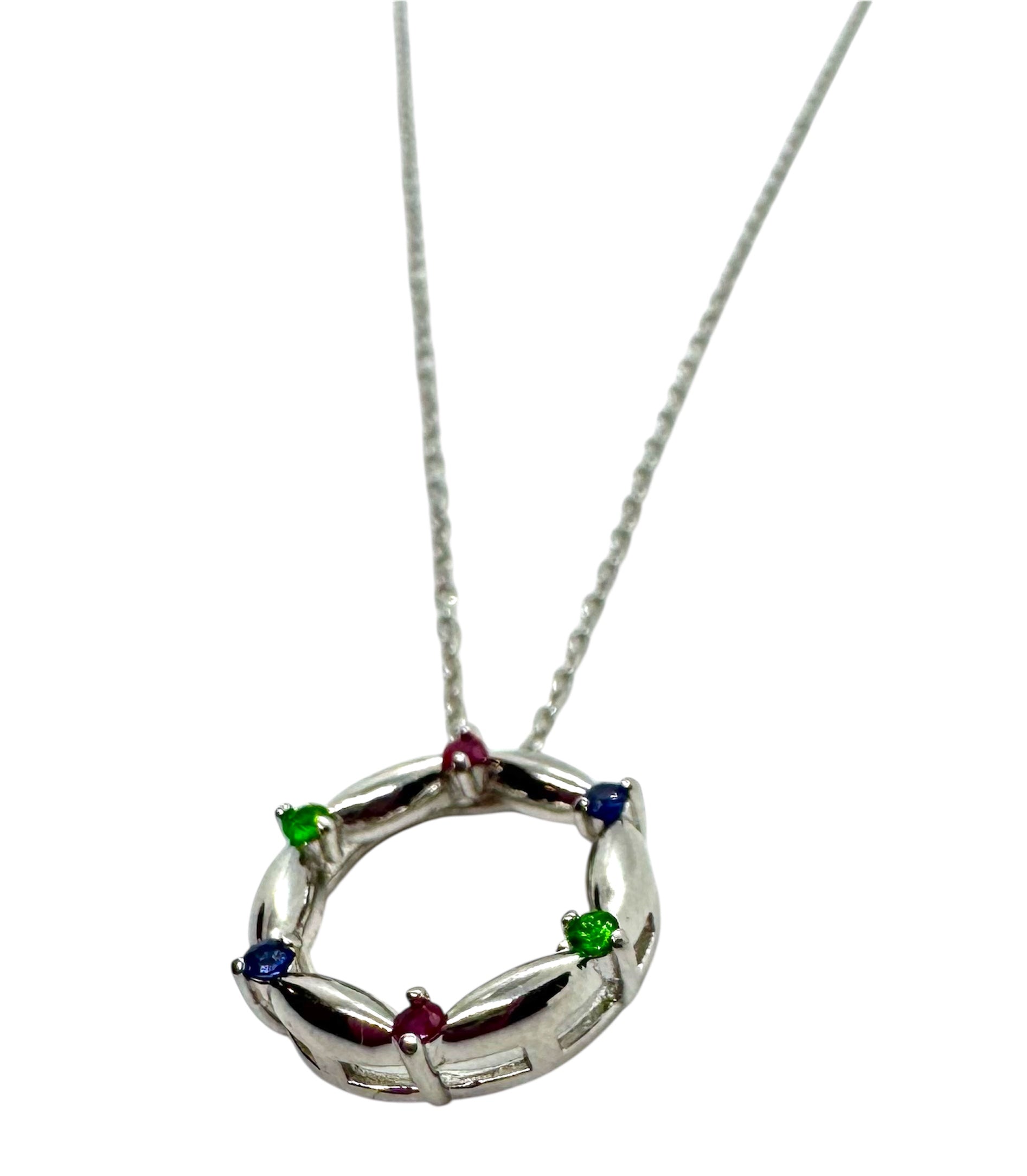 925 Sterling Silver Long Necklace with Sapphire, Emerald & Ruby Pendant