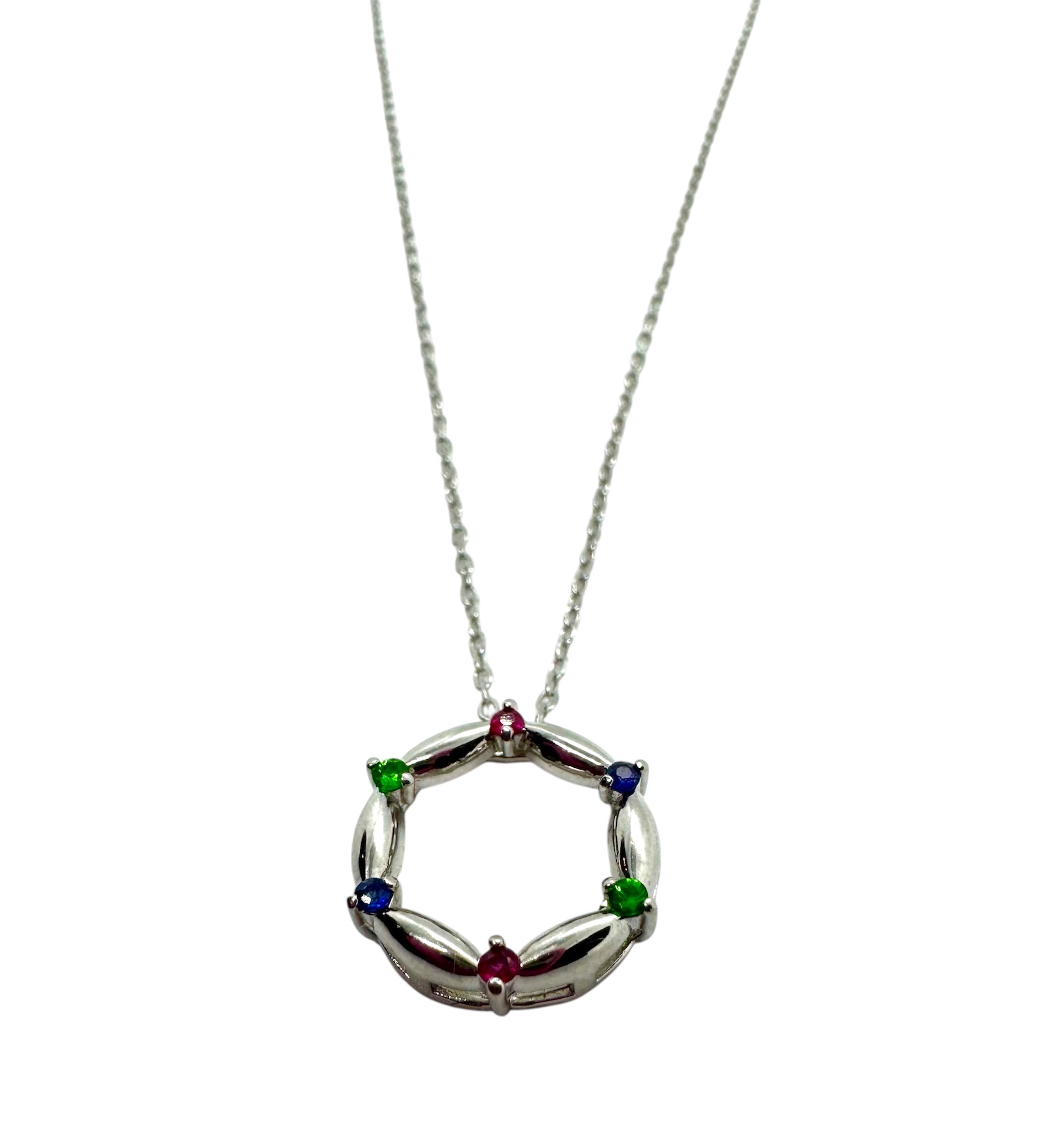 925 Sterling Silver Long Necklace with Sapphire, Emerald & Ruby Pendant