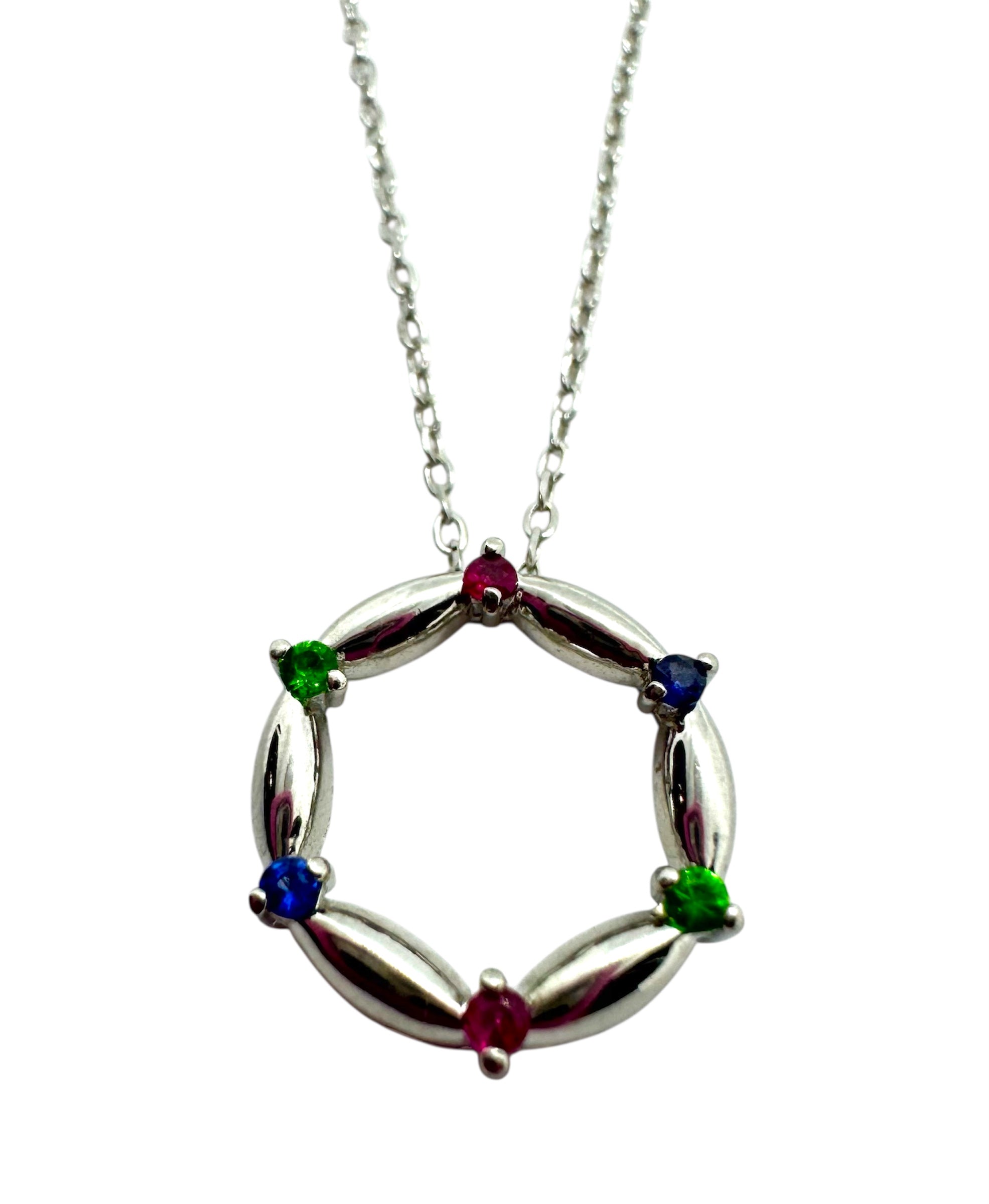 925 Sterling Silver Long Necklace with Sapphire, Emerald & Ruby Pendant