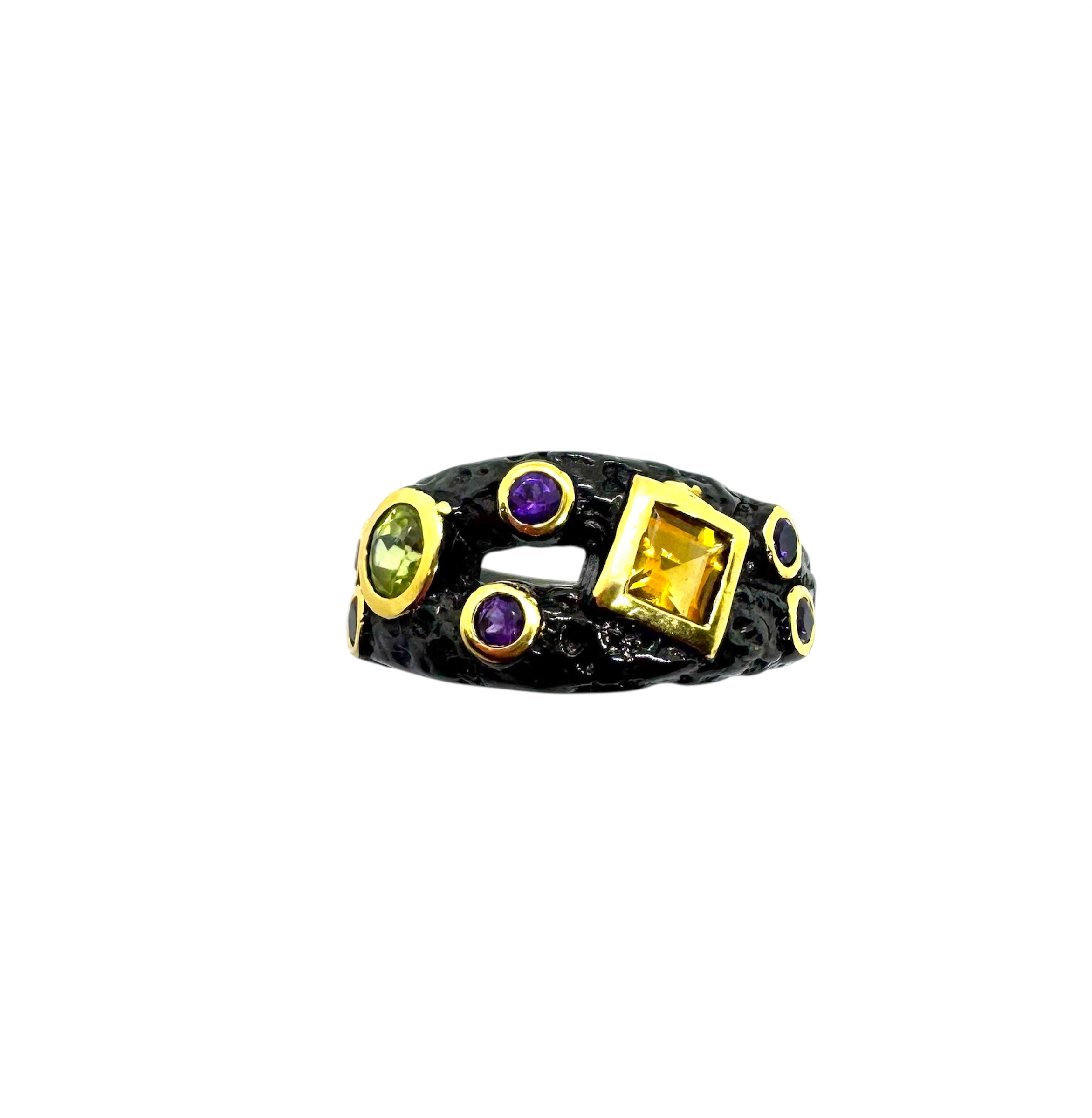 925 Sterling Silver & Rhodium Multi-Gemstone Ring (Irregular)