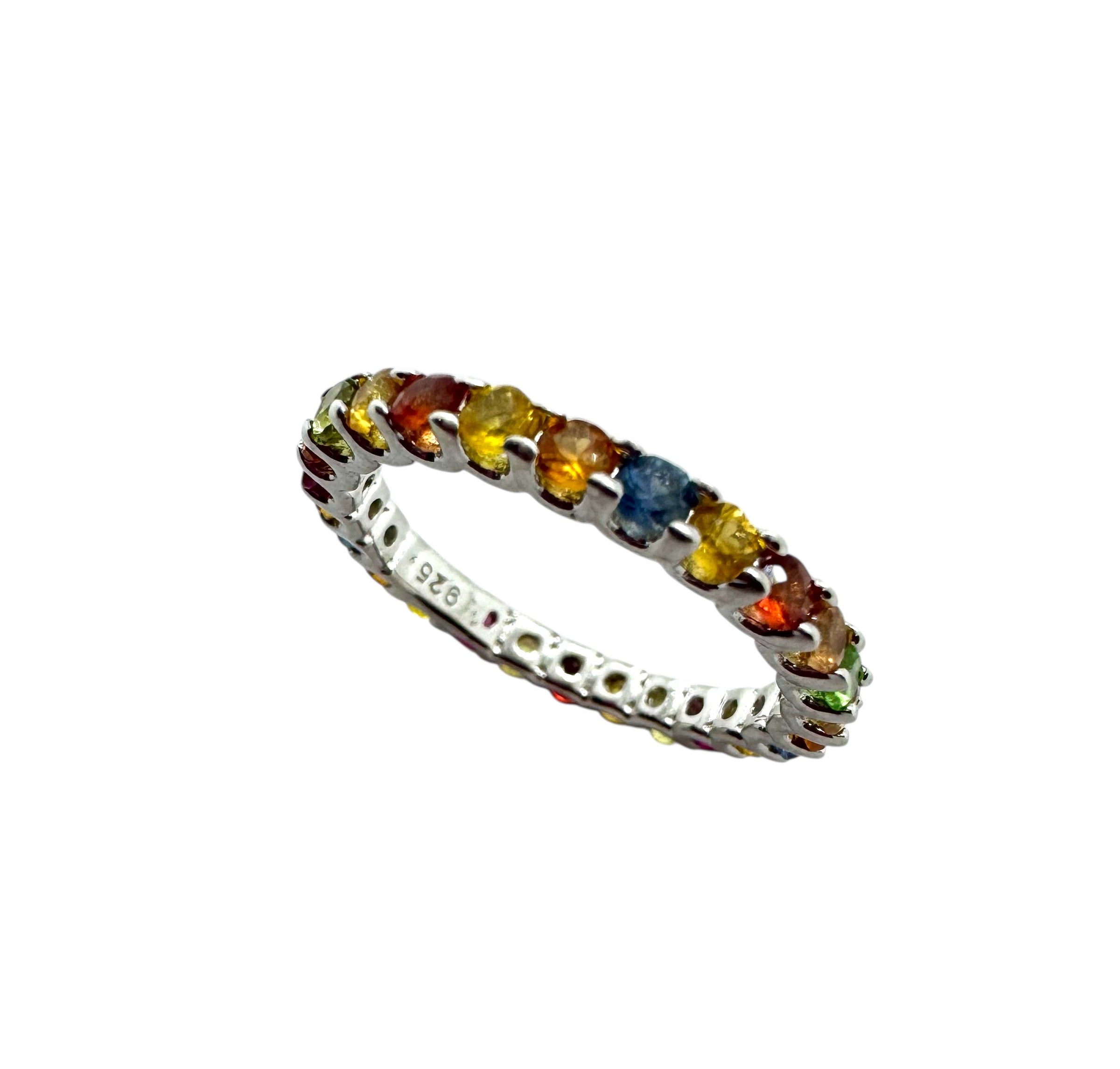 925 Sterling Silver Full Pavé Multi-Color Sapphire Ring (Thin)