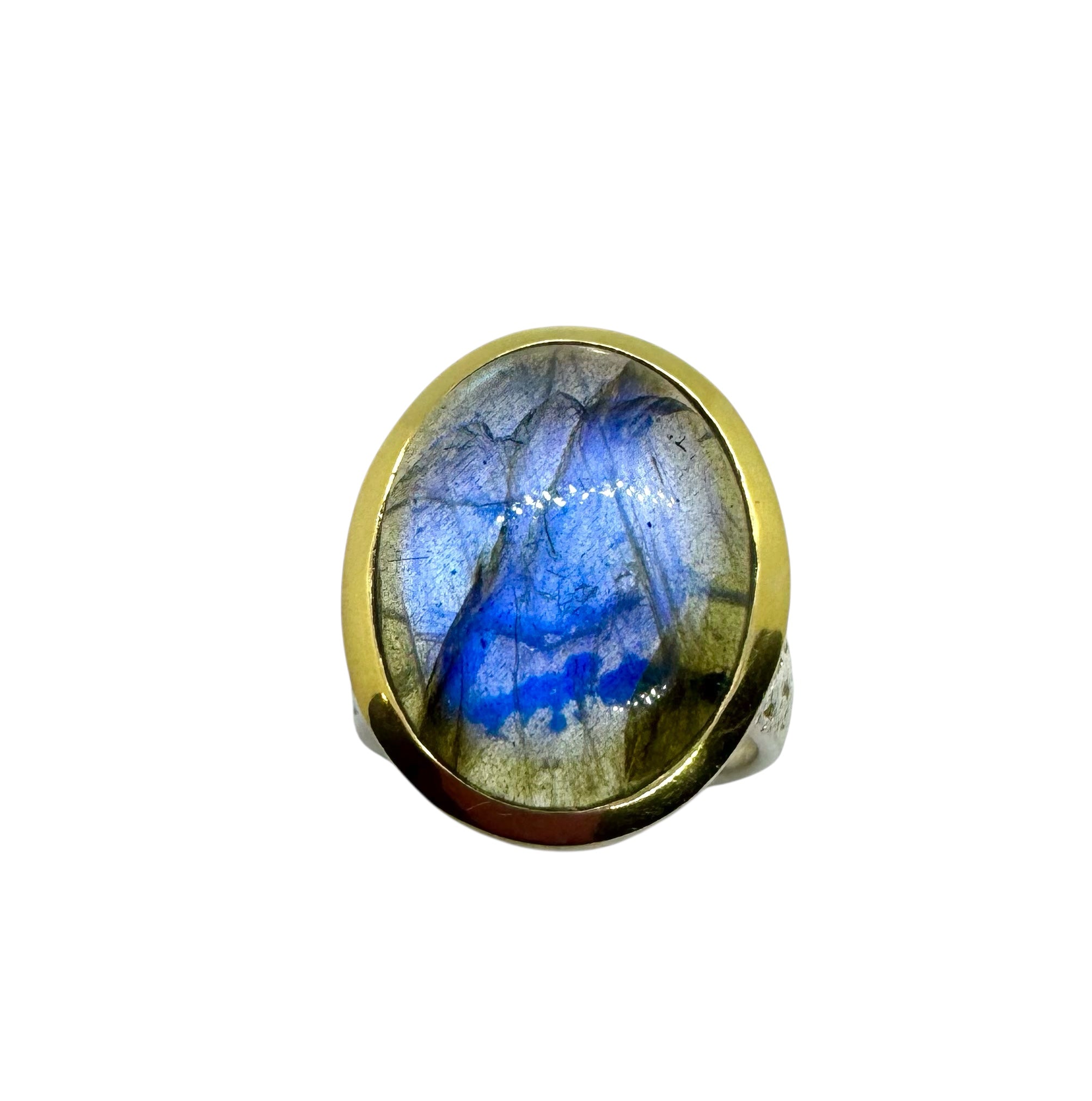 Anel Labradorite ousado com detalhes em prata dourada