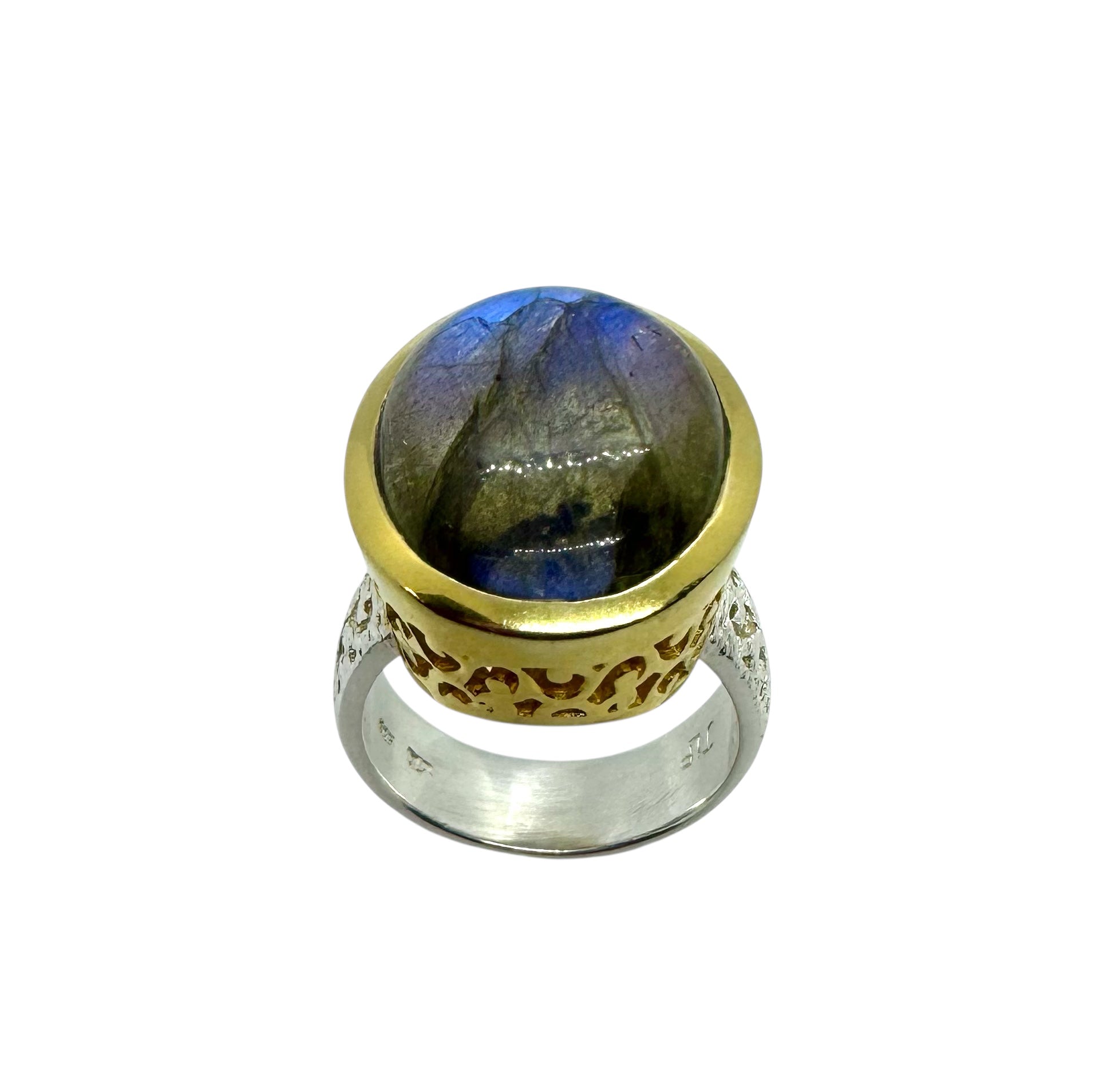 Anel Labradorite ousado com detalhes em prata dourada
