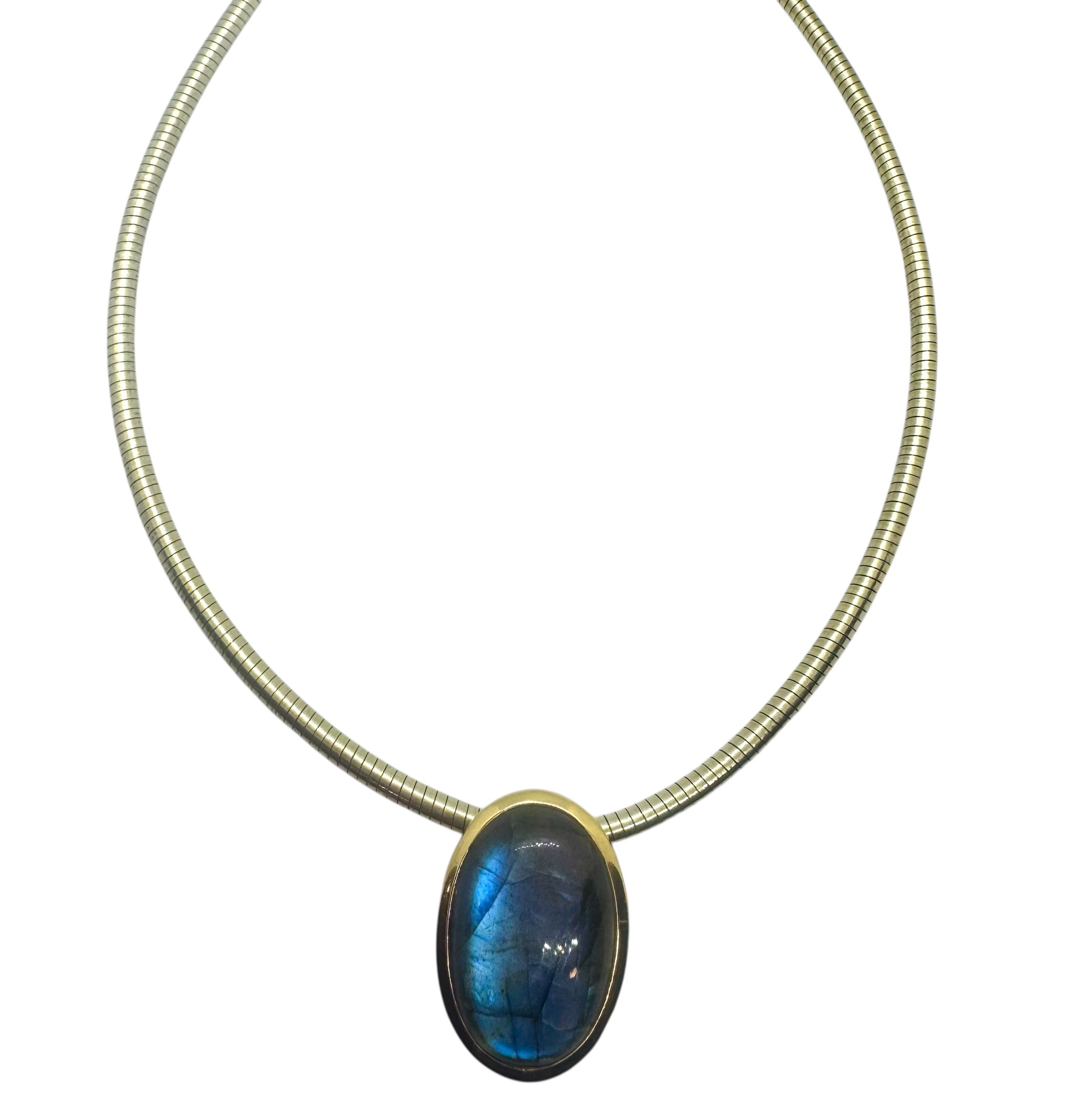 Colar Labradorite ousado com detalhes em prata dourada