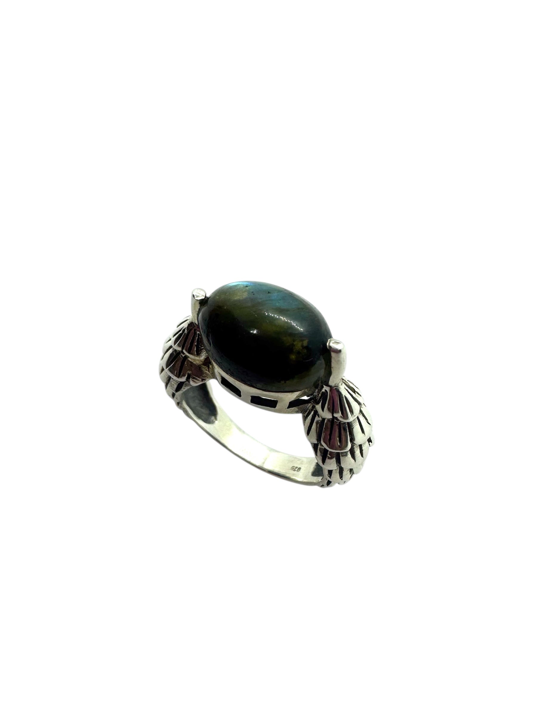 Anel Cabochão de Labradorite com Asas de Anjo