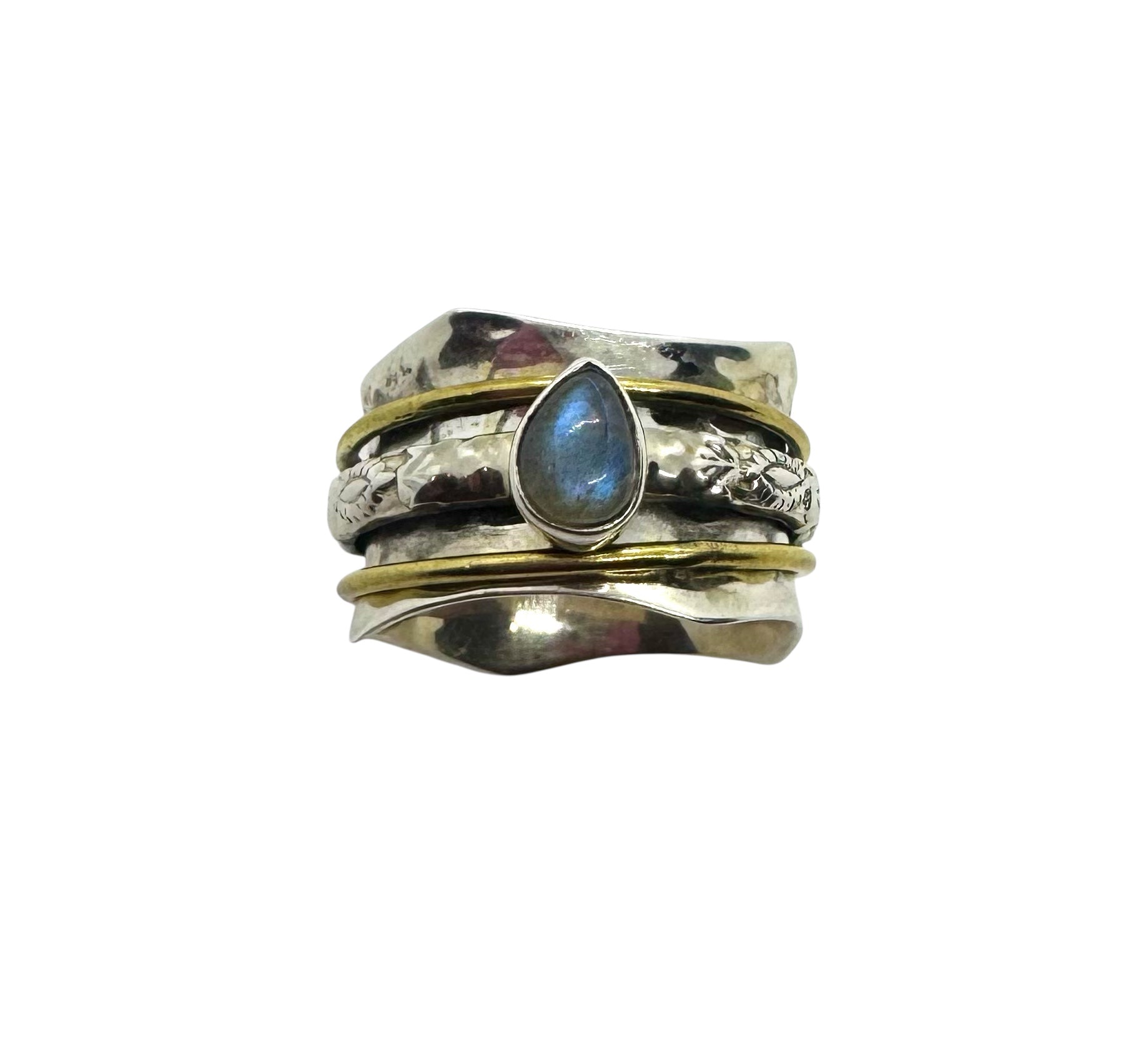 Anel Cabochão em Lágrima de Labradorite com Detalhes em Latão Dourado