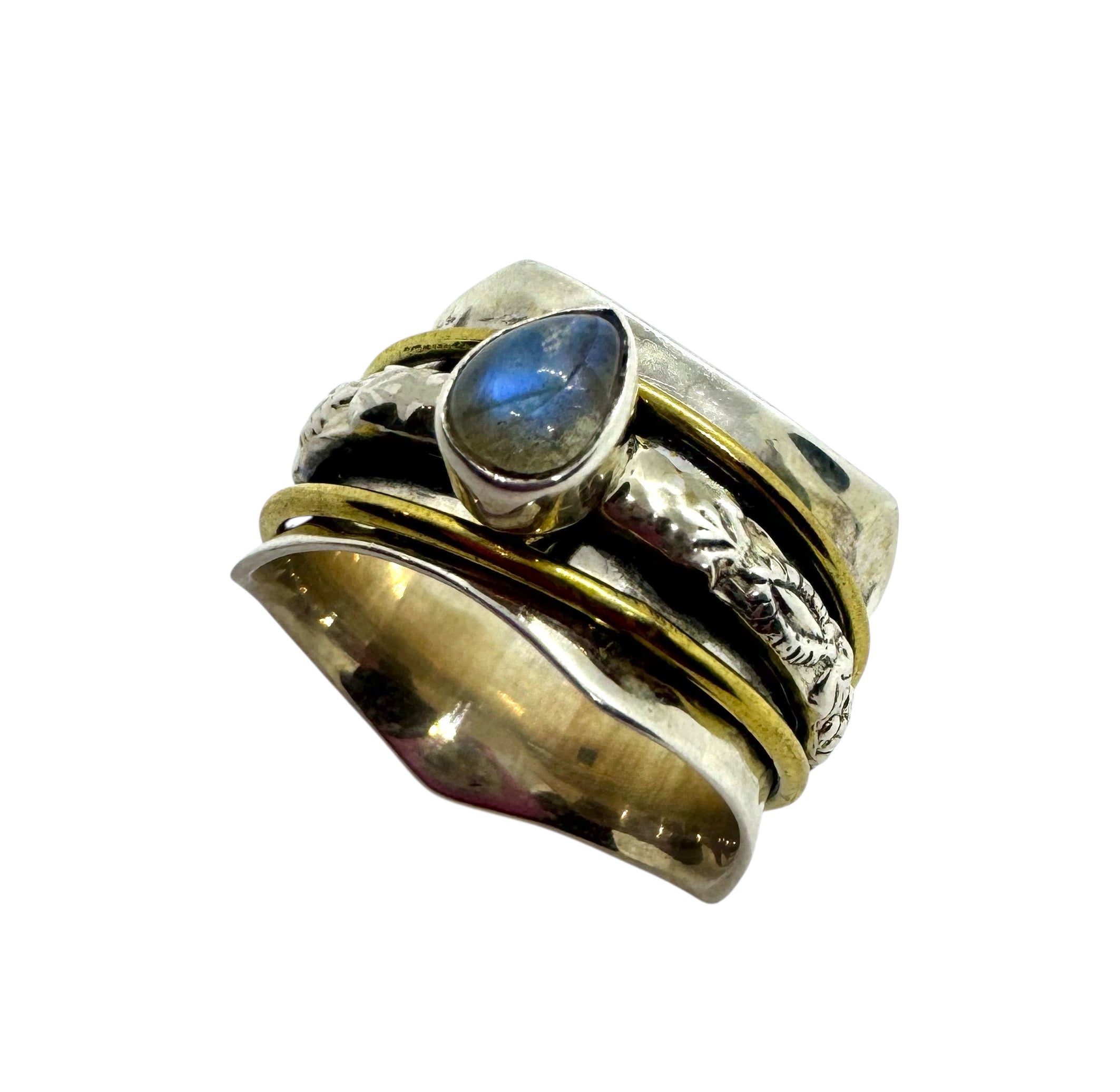 Anel Cabochão em Lágrima de Labradorite com Detalhes em Latão Dourado