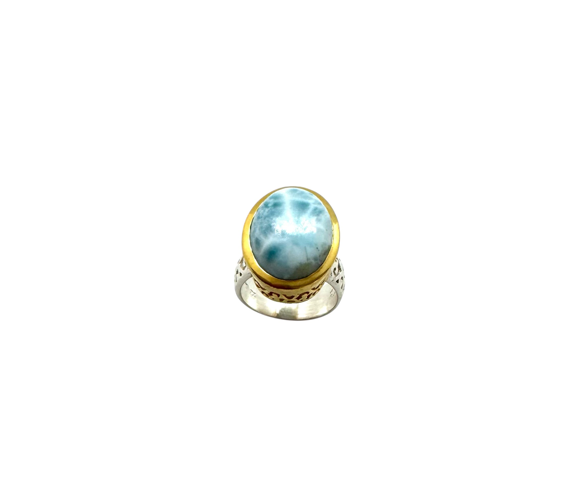 Anel Cabochão Larimar com Detalhes em Ouro e Prata