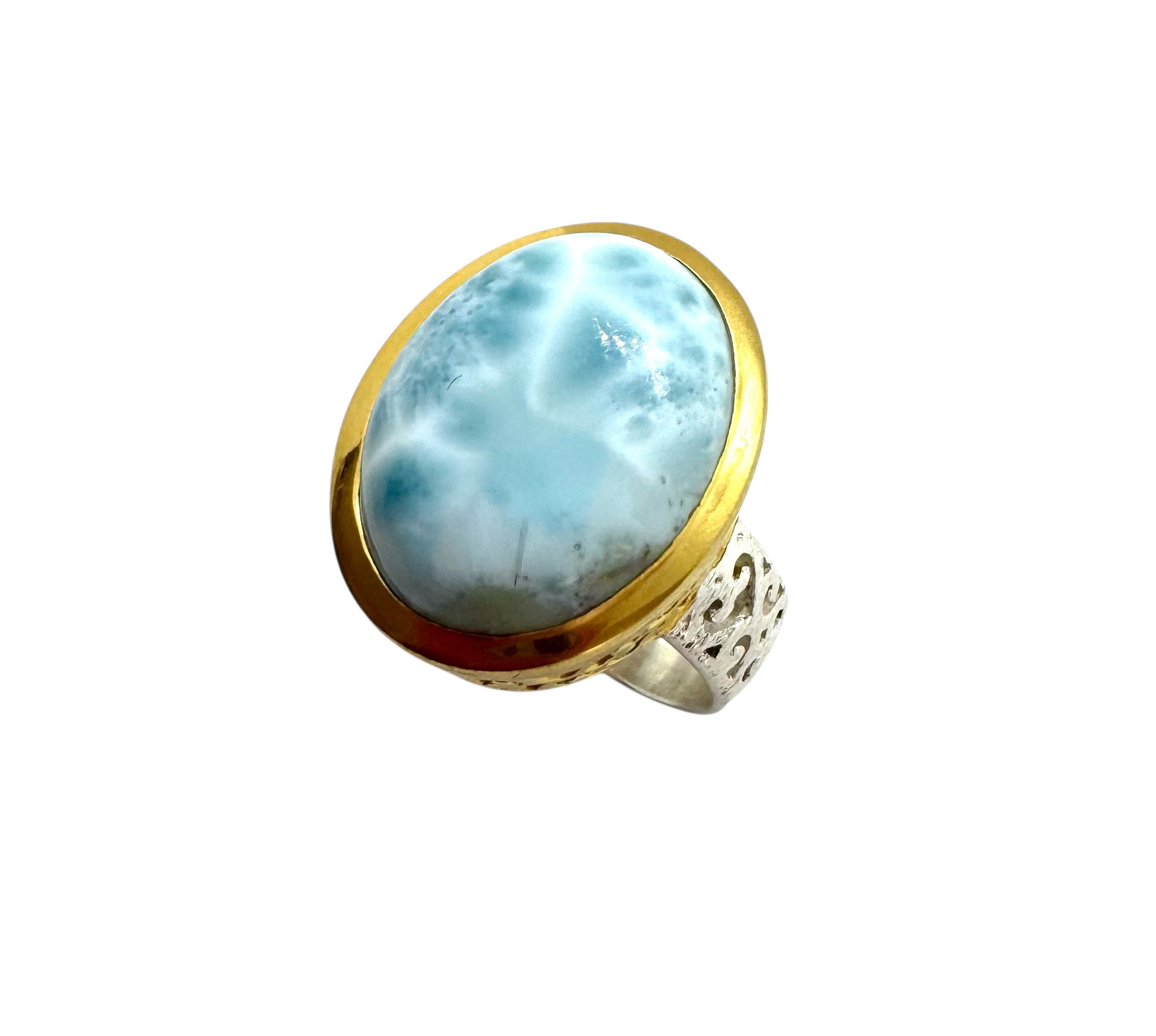 Anel Cabochão Larimar com Detalhes em Ouro e Prata