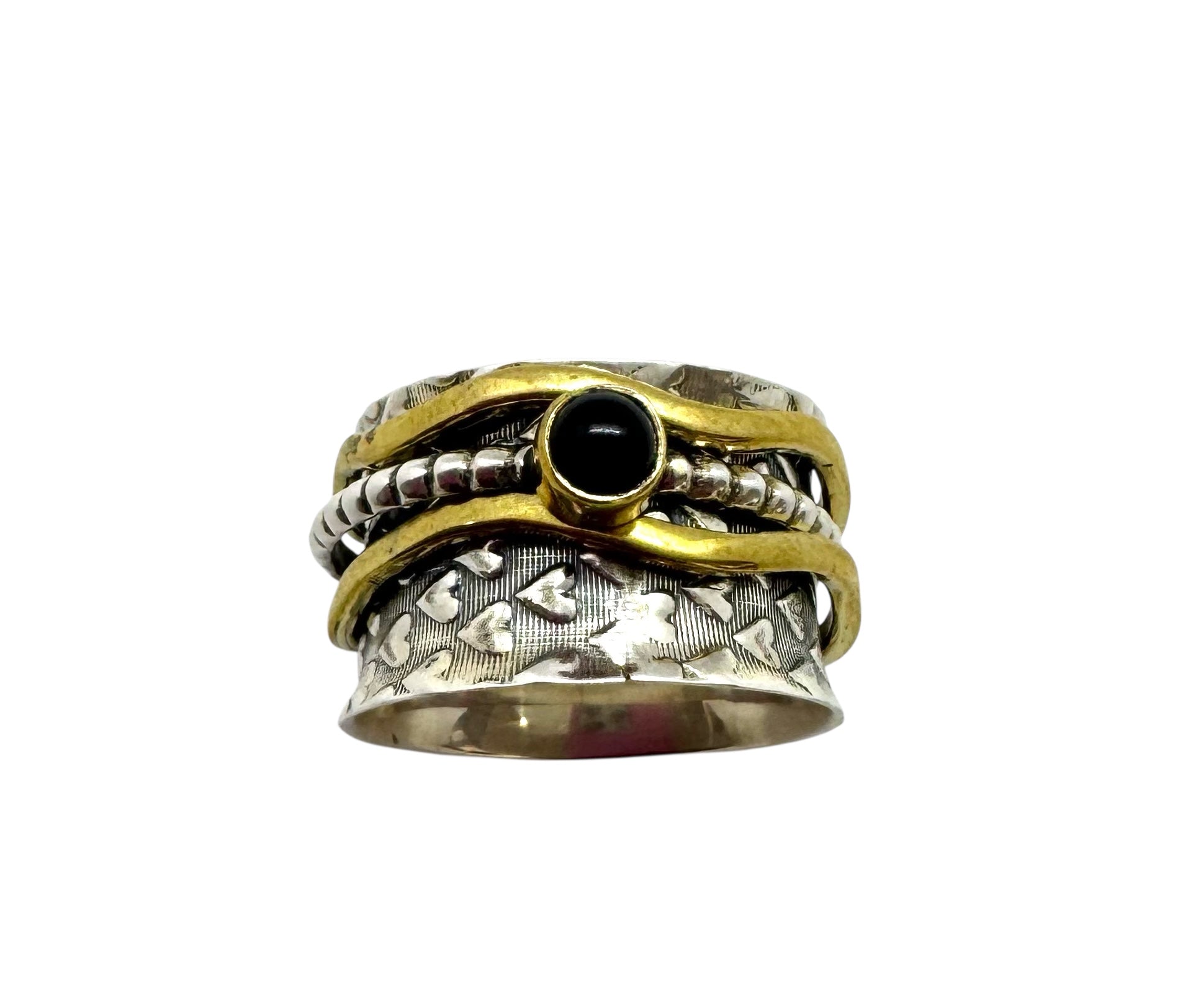 Anel Cabochão de Espinélio Preto | Detalhes em Prata de Lei e Latão