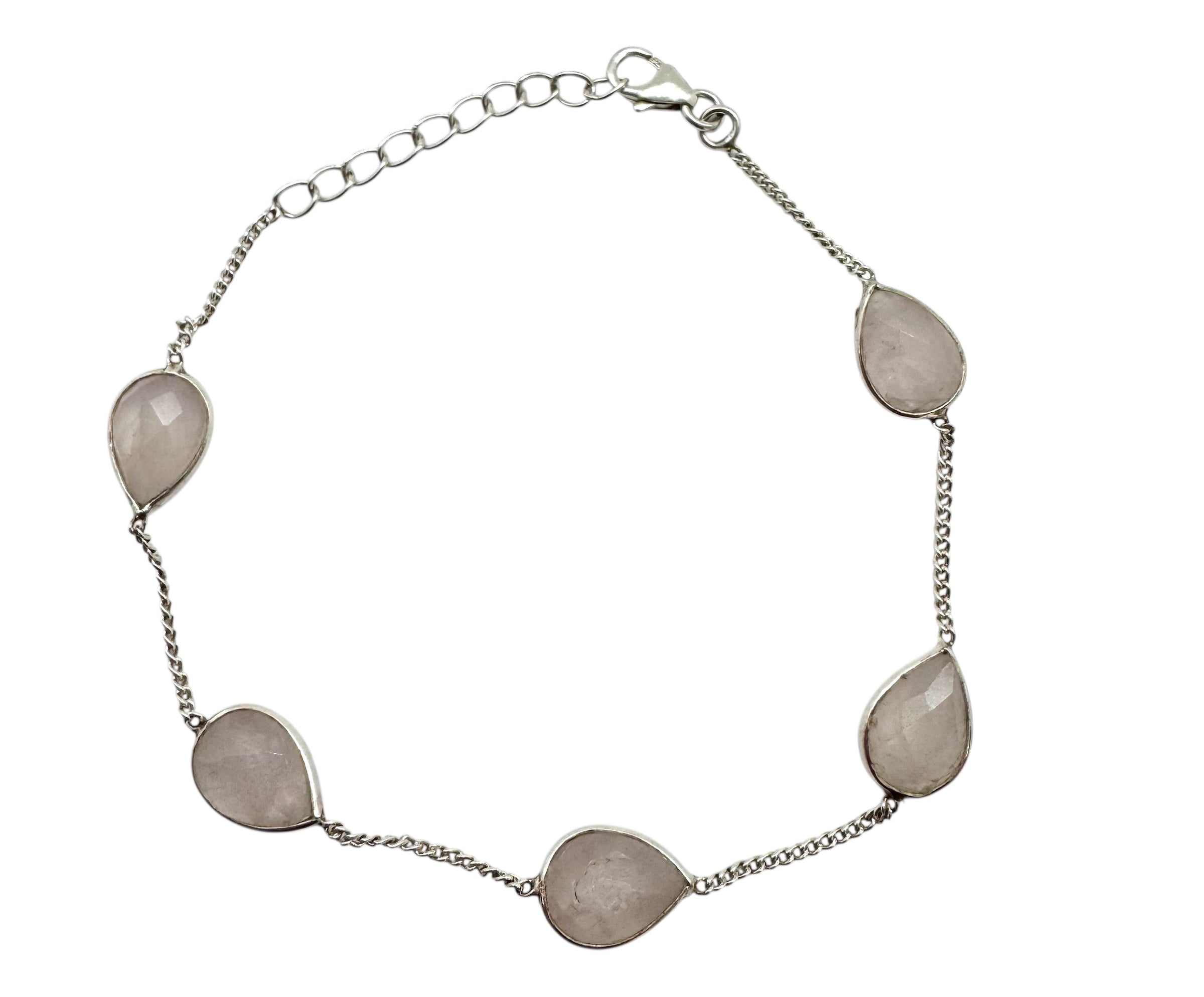 Pulseira Cabochão em Forma de Lágrima de Quartzo Rosa | Prata de Lei