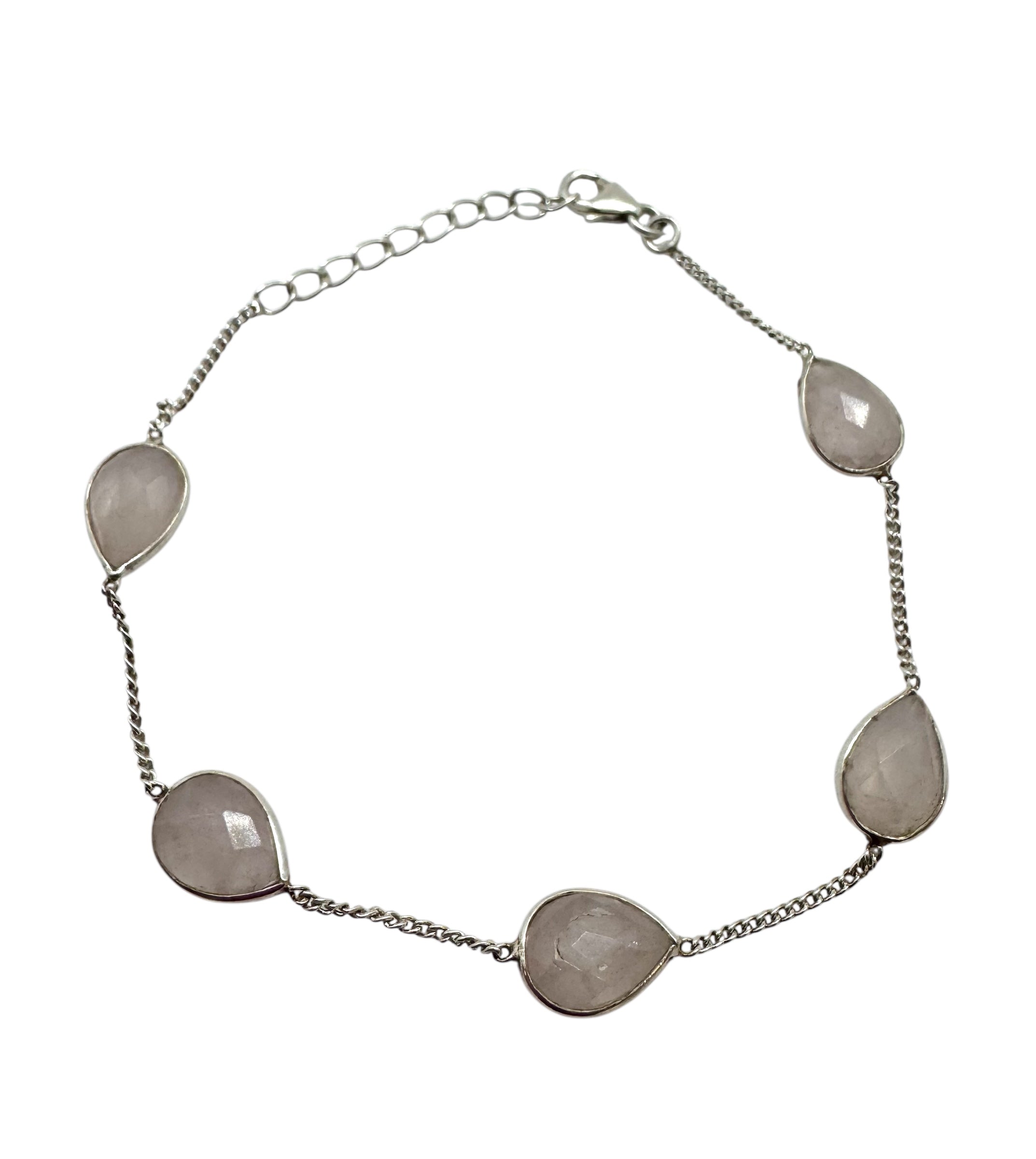 Pulseira Cabochão em Forma de Lágrima de Quartzo Rosa | Prata de Lei
