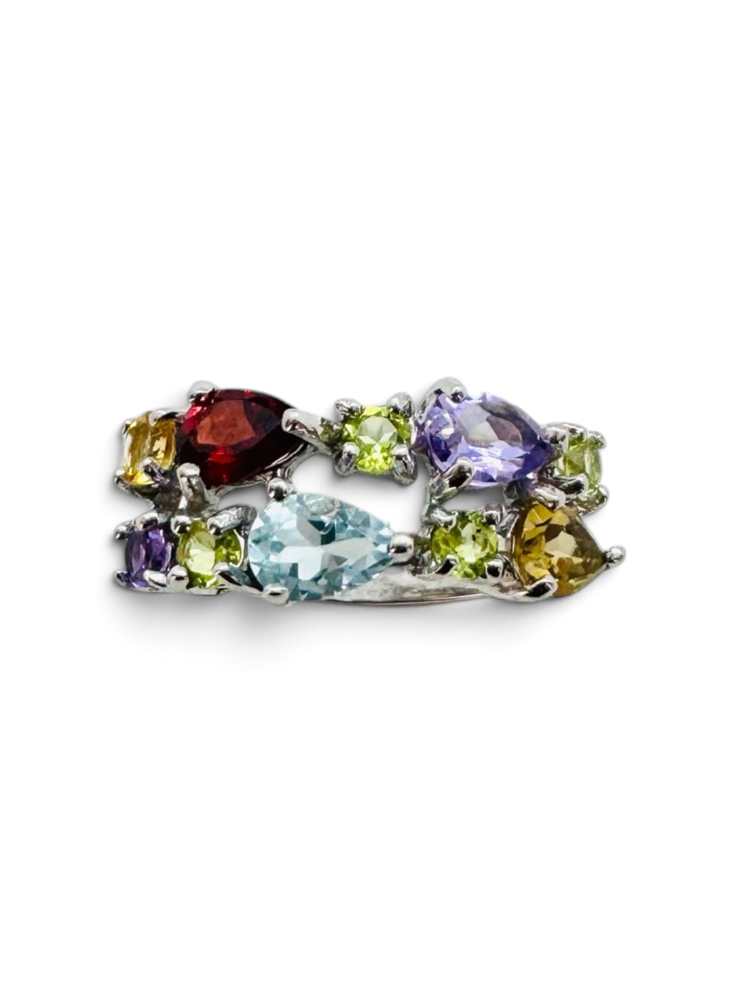 925 sterling silver cocktail ring with 10 irregular gemstones: Amethyst, citrine, peridot, garnet, and blue topaz.
