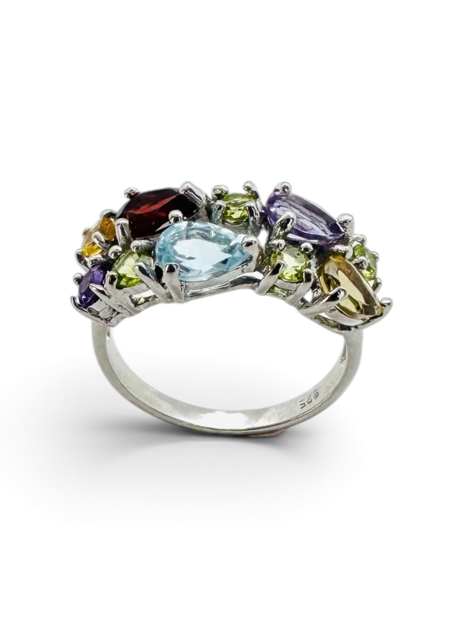 925 sterling silver cocktail ring with 10 irregular gemstones: Amethyst, citrine, peridot, garnet, and blue topaz.