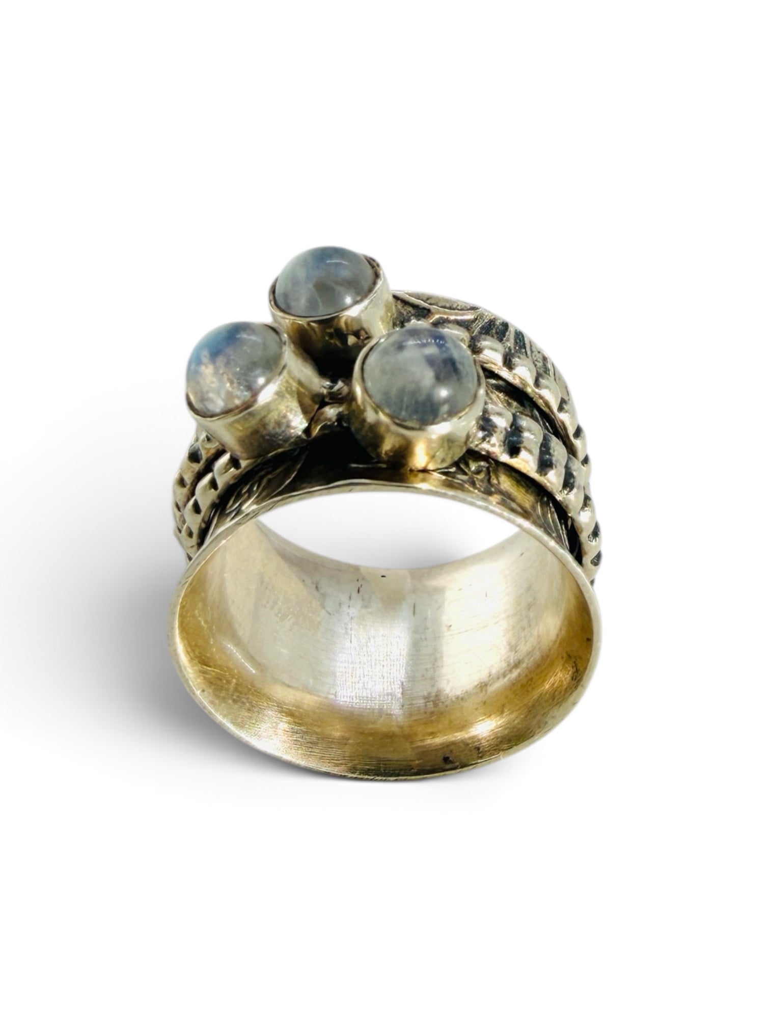 925 sterling silver ring with round moonstone cabochons.