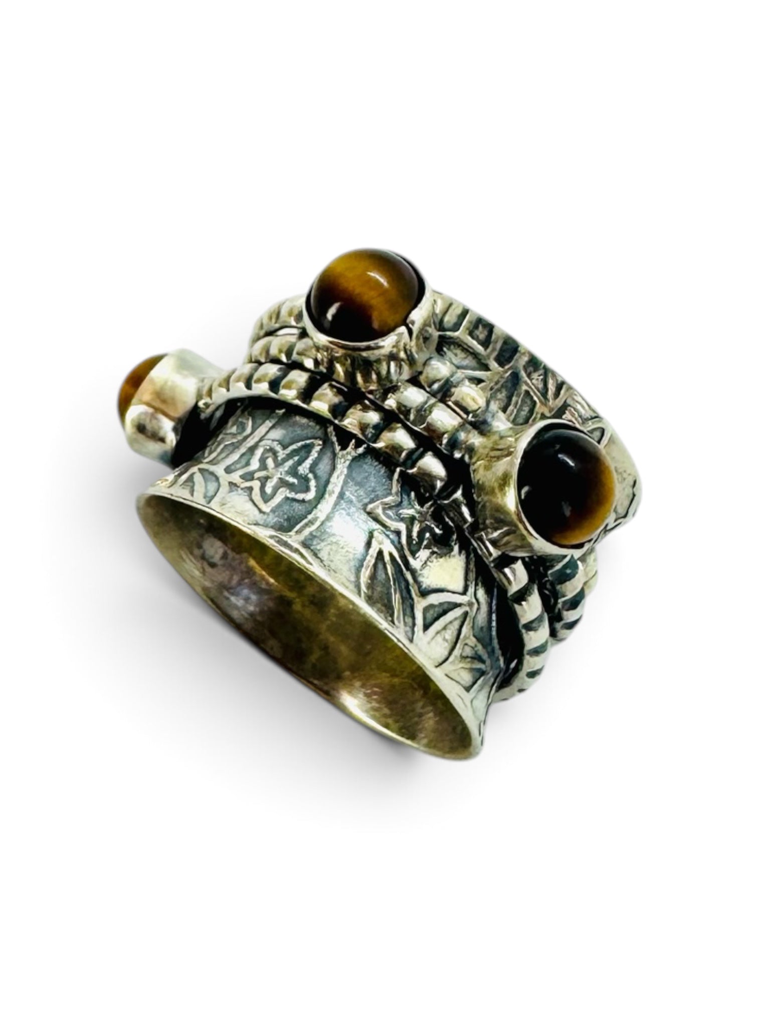 925 silver ring with round tiger's eye cabochon