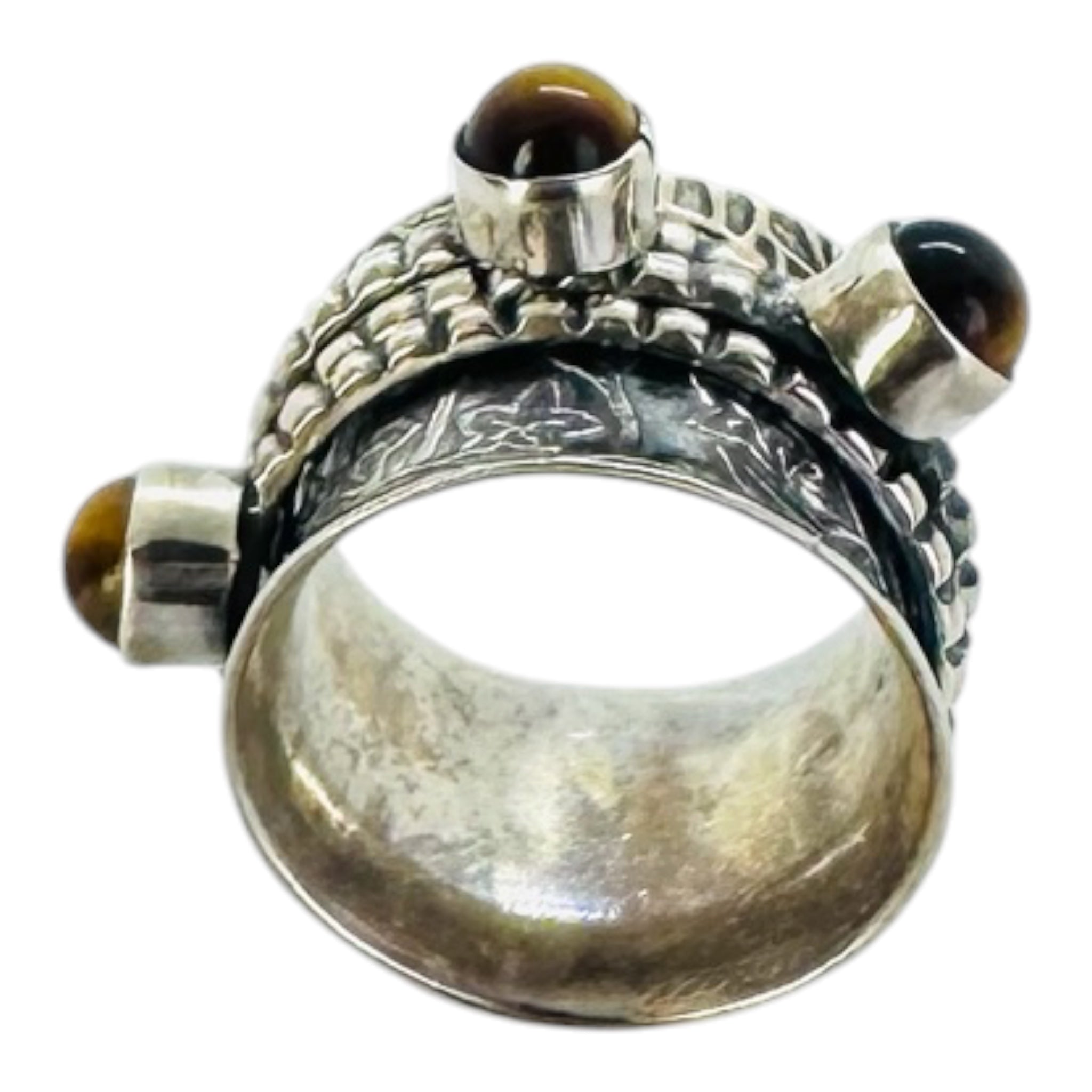 925 silver ring with round tiger's eye cabochon