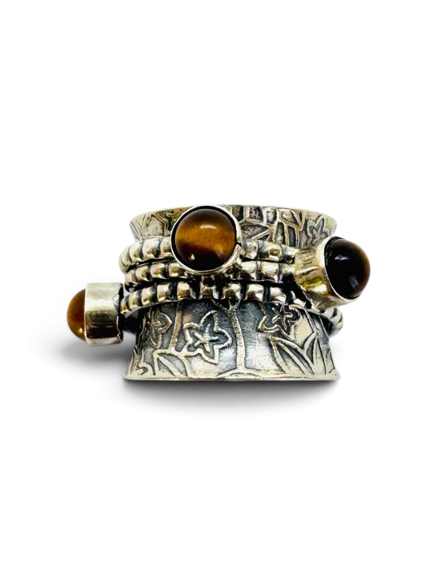 925 silver ring with round tiger's eye cabochon