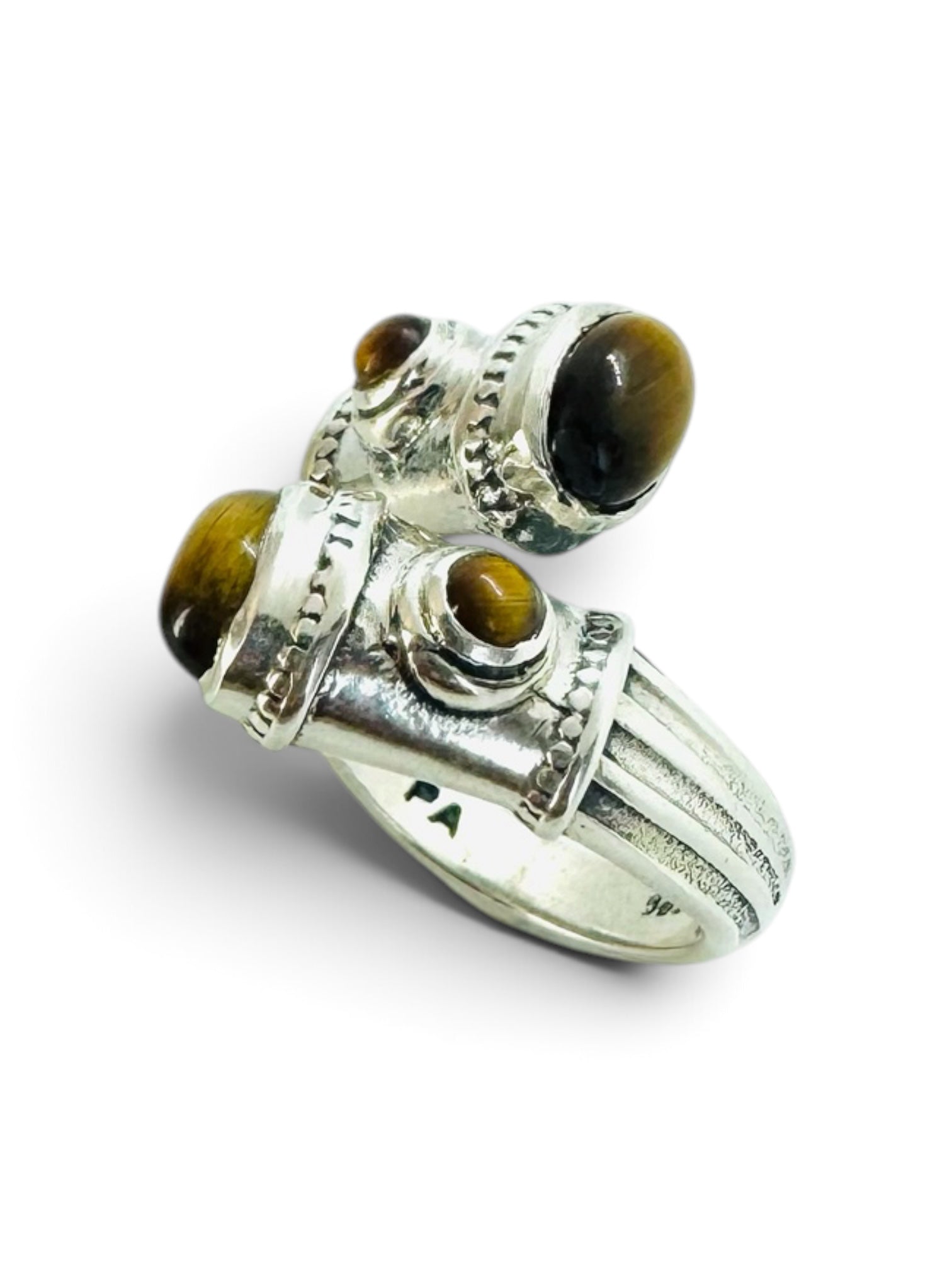 925 silver ring with round and oval tiger's eye cabochons