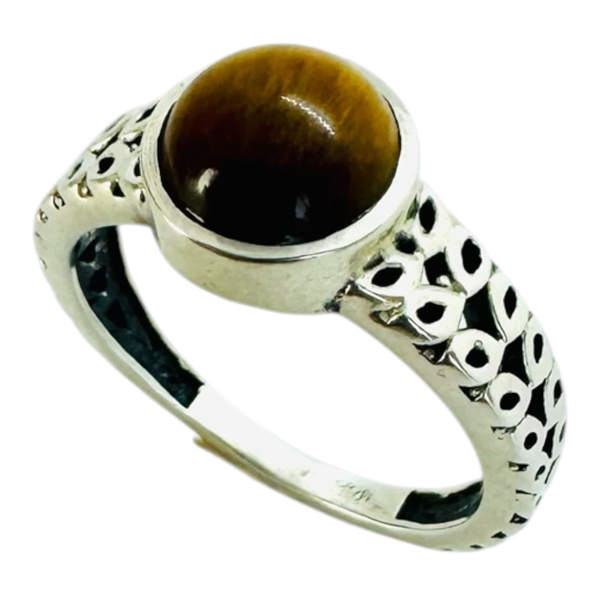 925 silver ring with round tiger's eye cabochon