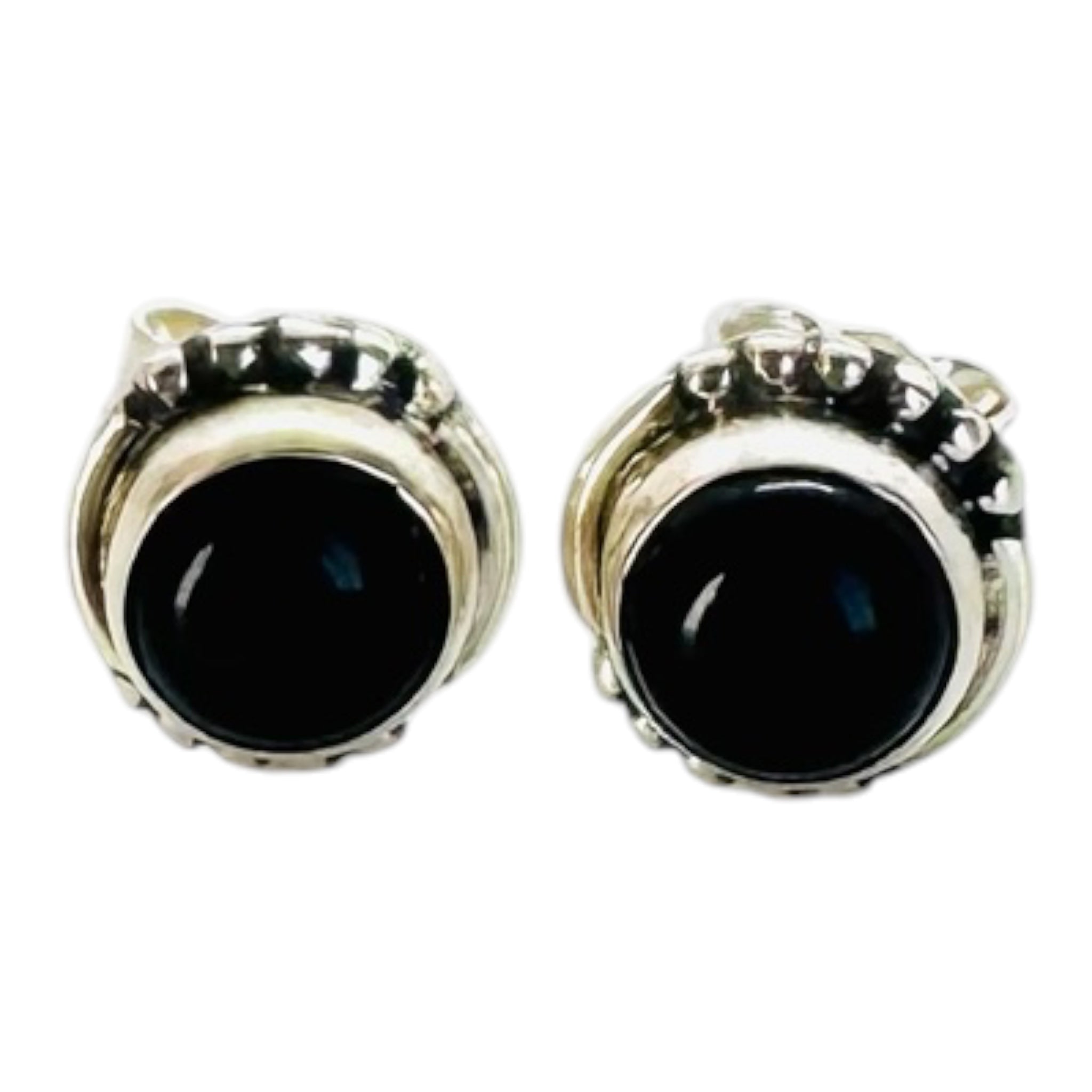 925 sterling silver earrings with black spinel round cabochons