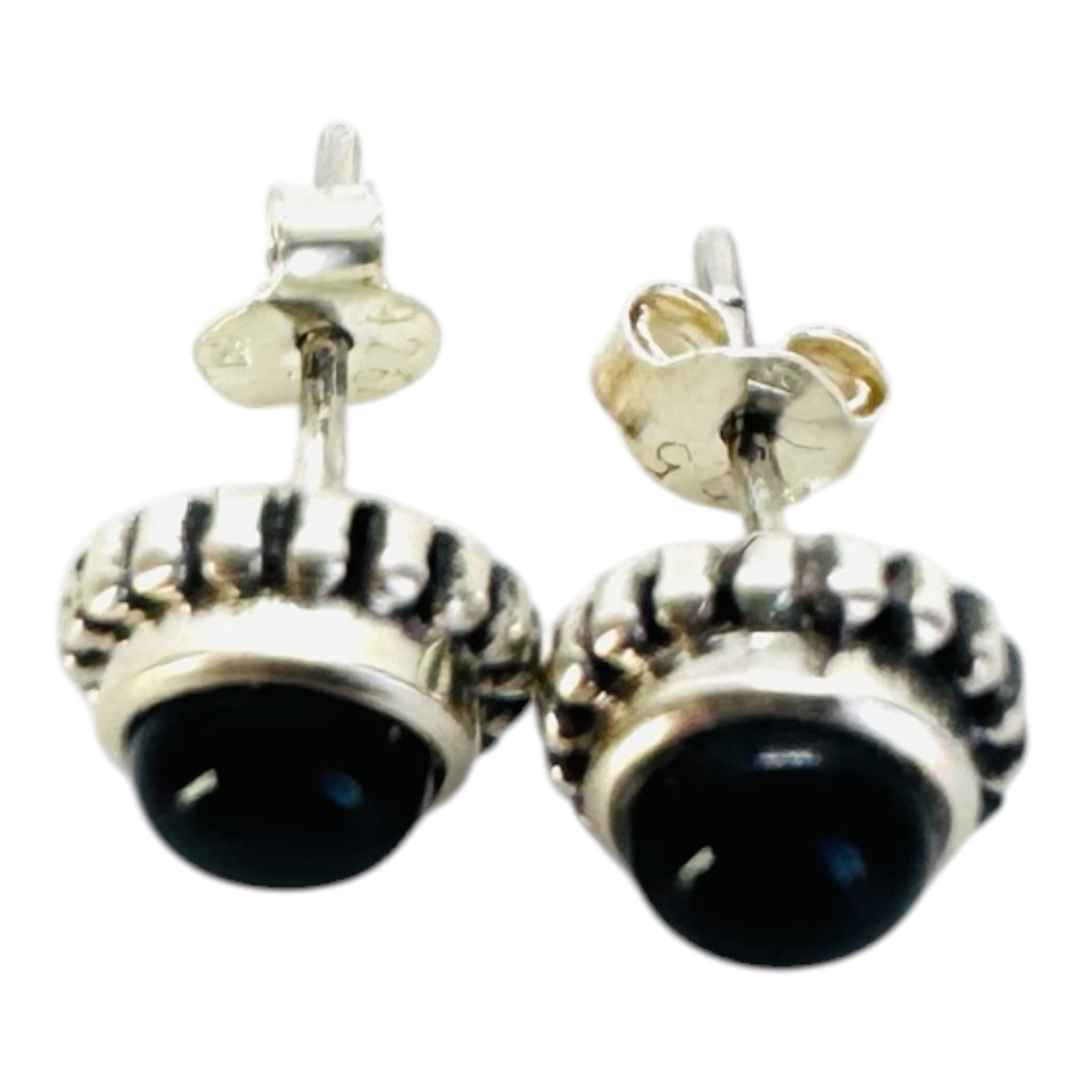 925 sterling silver earrings with black spinel round cabochons